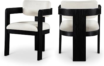 Meridian Furniture Sacha Collection Art Deco Dining Chair, Solid Fluted Wood, 22.5" W x 22" D x 31" H, Set of 2 Cream, Black Finish, Linen Textured Fabric