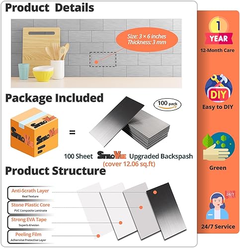 Miniatura 7 de StyloVue 100 piezas para despegar y pegar para cocina, azulejos de metro de PVC de 3 x 6 pulgadas, azulejos mejorados de acero inoxidable cepillado