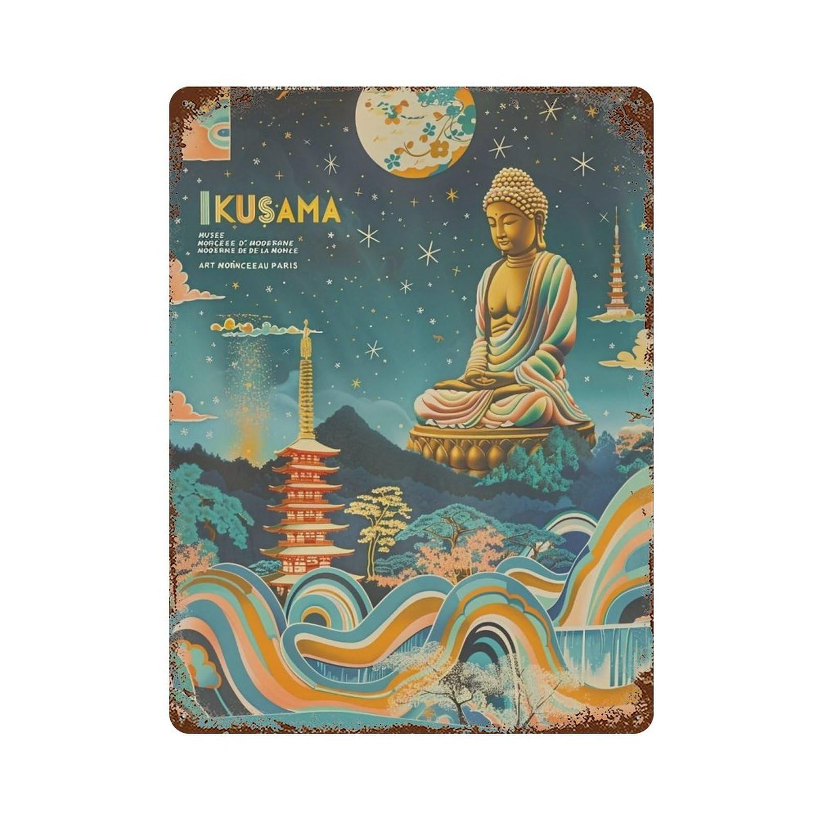 YHGERTKU Yayoi Kusama Buddha Landscape 01 Wall Art Retro Iron Vintage Metal Tin Sign Poster Modern Decor for Living Rooms Gift 40x30cm