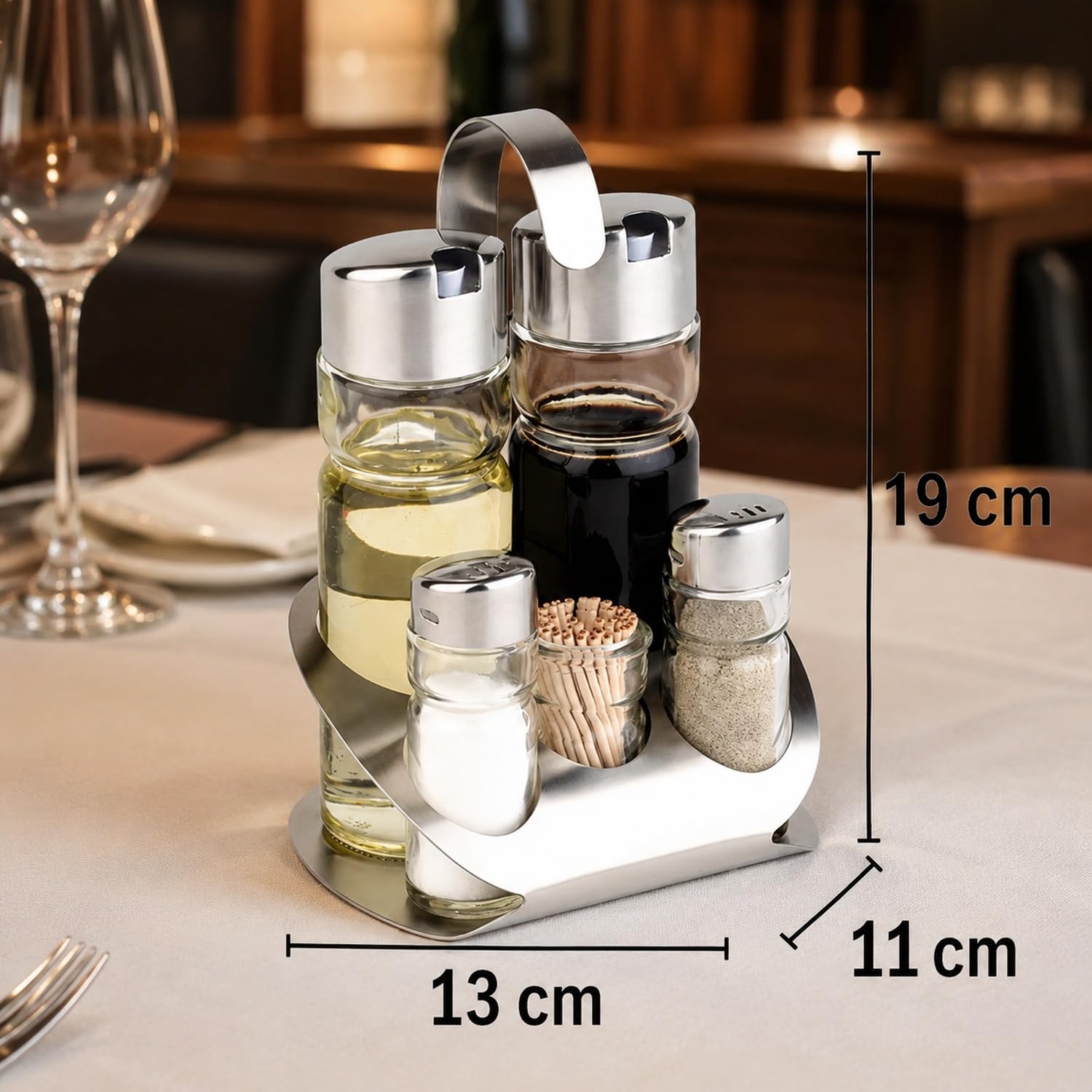 APS Menage – PRO, 5 Pezzi, ca. 13 x 11 cm, Altezza 19 cm, in Acciaio Inox opacizzato, per Sale Pepe e aceto