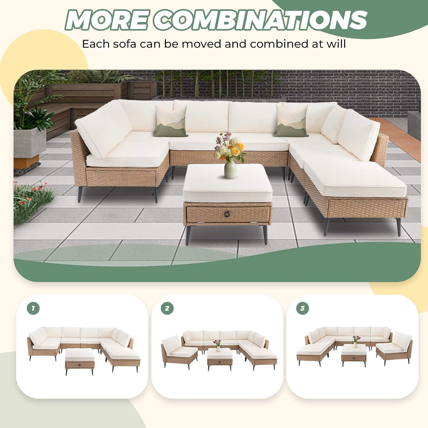 LVUYOYO 8 Pieces Outdoor Patio Furniture Set, Wicker Sectional Sofa Set for All-Weather, Rattan Conversation Sets with Cushions and Storage for Deck, Backyard, Porch (Khaki)