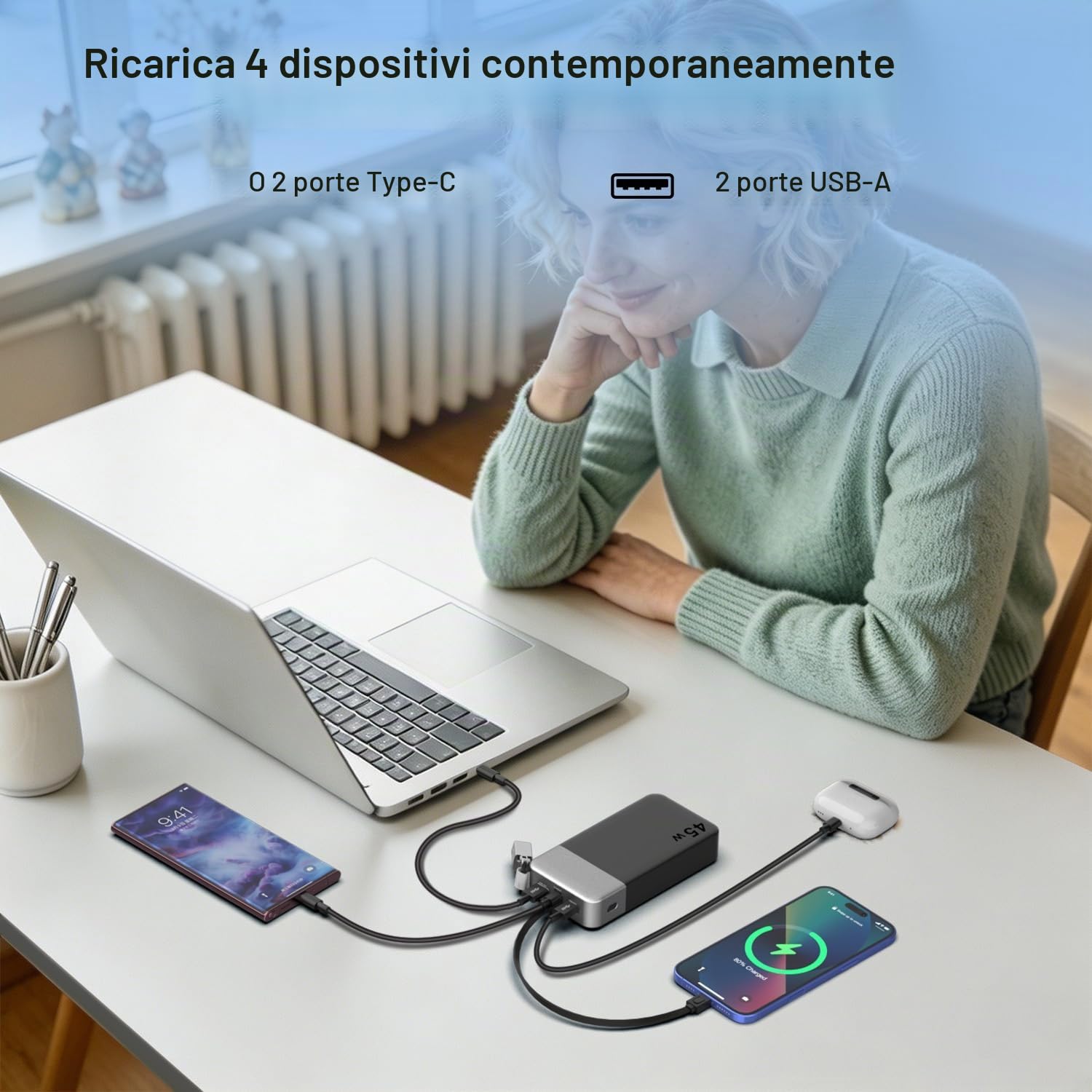 NOBIS Power Bank 20000mAh 45W Caricatore Portatile con Cavo C-C Staccabile | Powerbank con Ricarica Rapida, Display Digitale e 4 Porte (2 USB-C + 2 USB-A) per iPhone, Android e Tablets