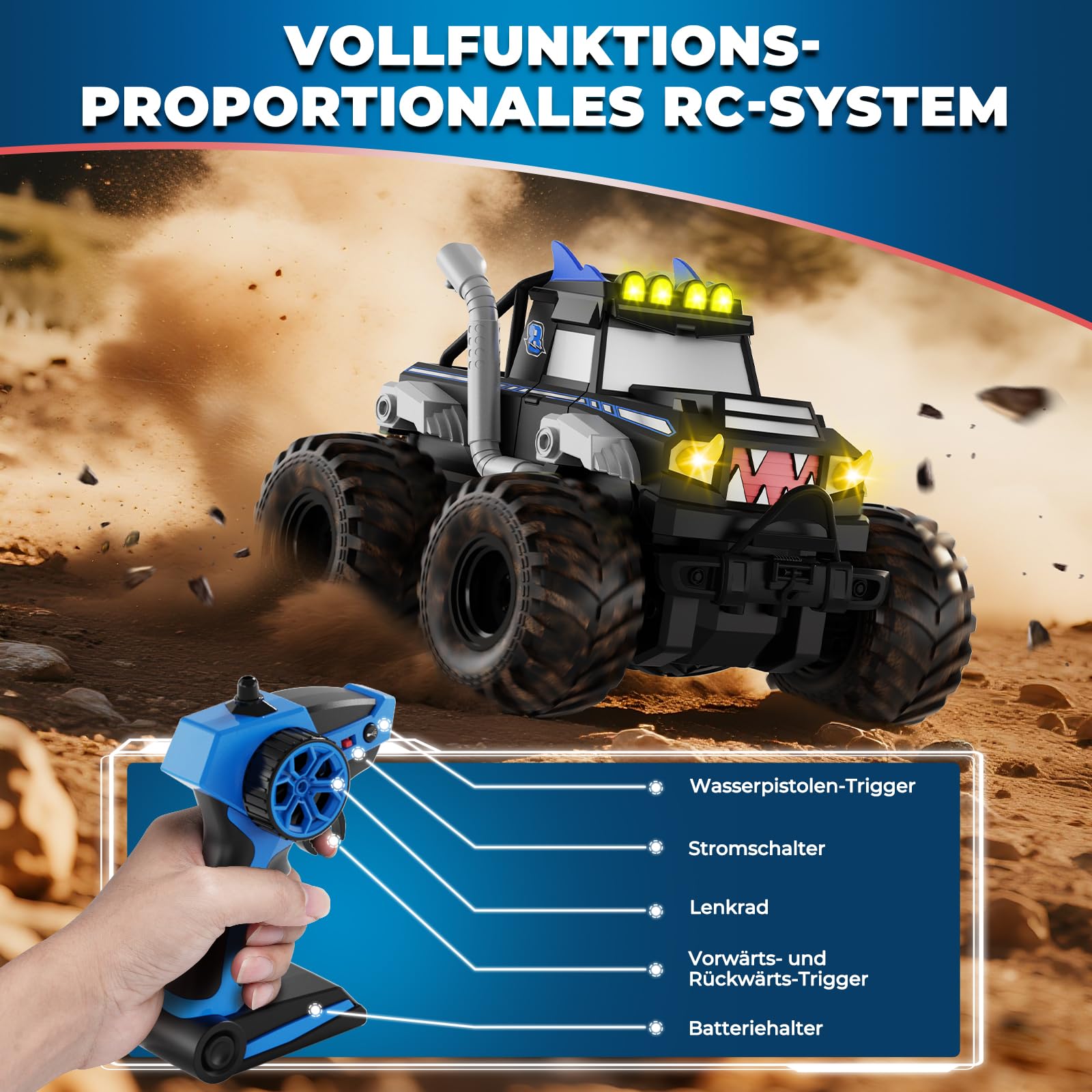 Amphibienfahrzeug Ferngesteuertes Auto ab 6 Jahre - 2.4GHz Monstertruck ferngesteuert RC Truck 30 km/h mit LED-Leuchten, 360°Rotation, Maßstab 1:16, 2 Akkus, Geburtstagsgeschenk für Jungen, Schwarz