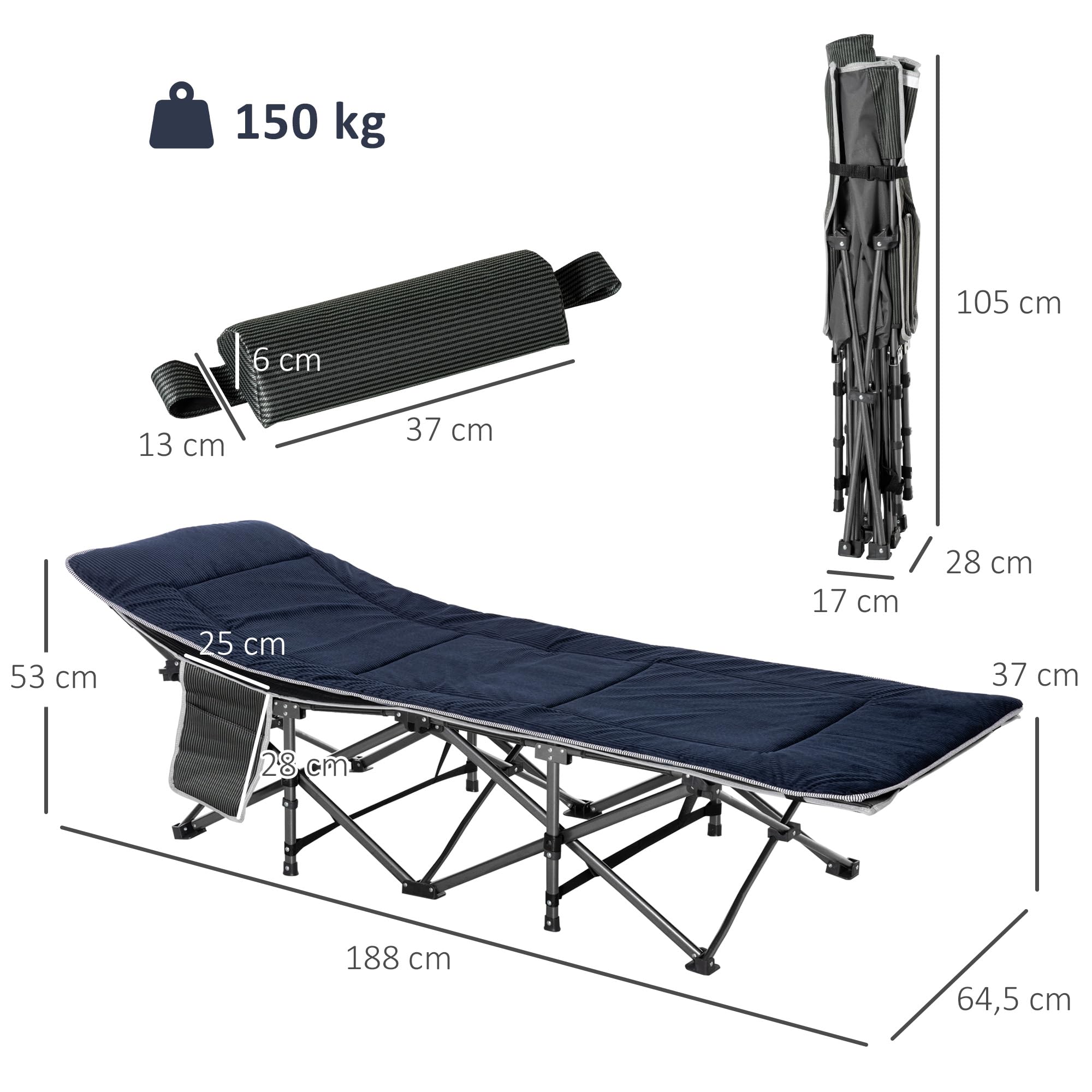 Outsunny Cama de Camping Plegable Cama de Acampada con Cojín Almohada Bolsillo Lateral Bolsa de Transporte y Marco de Acero Carga 150 kg para Playa Senderismo 188x64,5x53 cm Azul