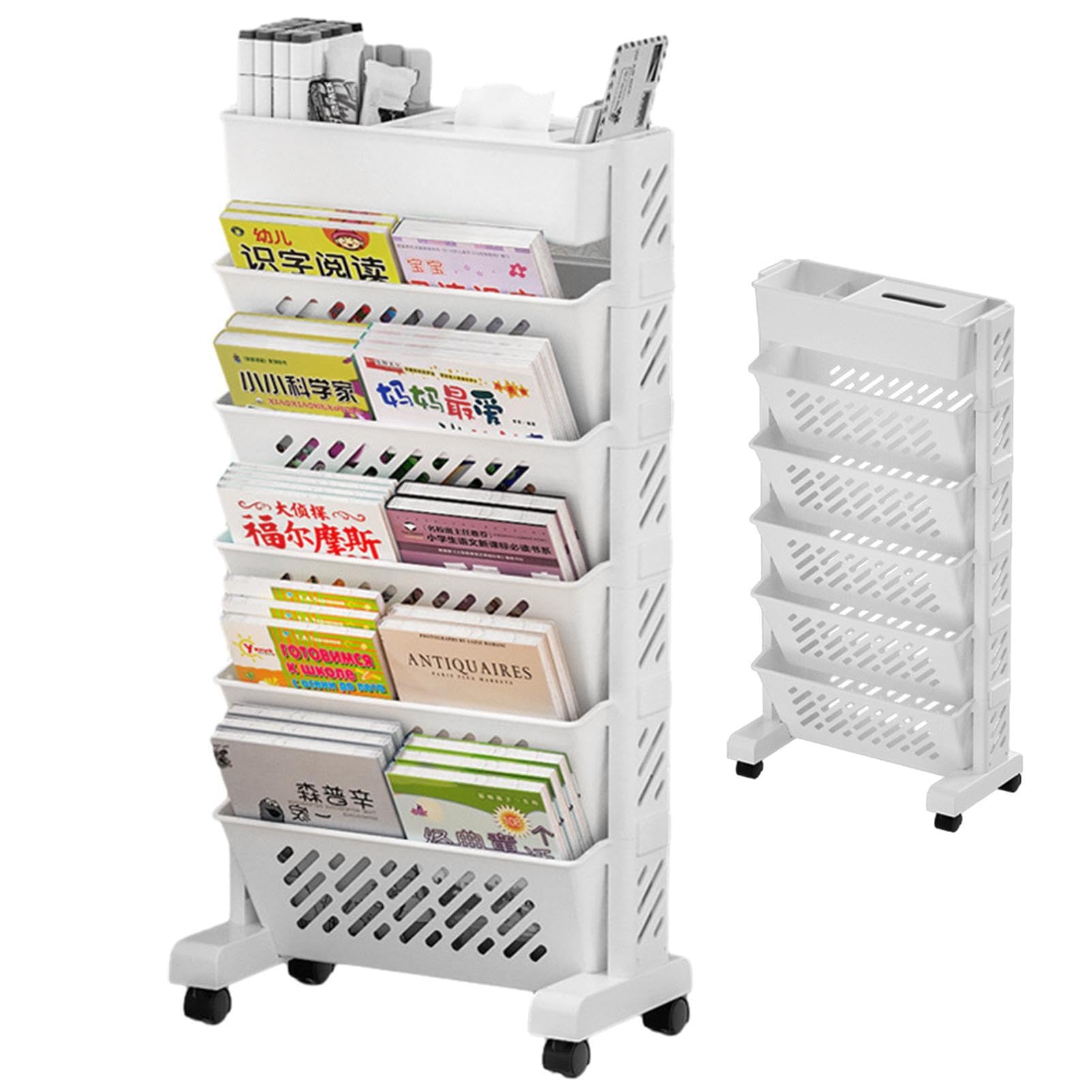 Estantería Móvil, Carrito De Estantería Móvil De 6 Niveles Con Ruedas, Revistero, Carritos De Libros Con Ruedas, Estantería Extraíble Multifuncional, Estante De Organización Rodante Compacto Y Práctic
