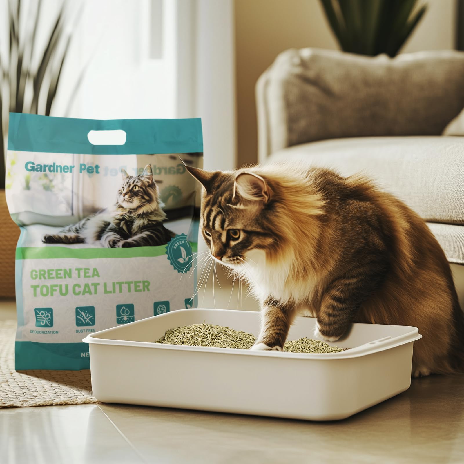 Gardner Pet Naturale Lettiera per Gatti al Tofu con Estratto di Tè Verde, senza polvere, agglomerante rapida, scaricabile nel WC e controllo degli odori per case con più gatti, 6L x 3
