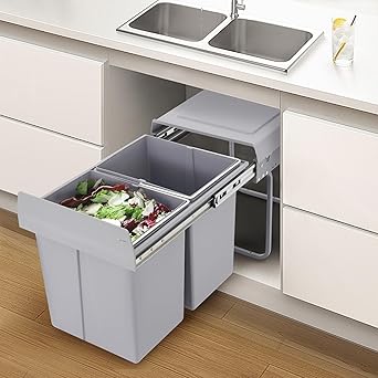 Double Pull Out Under Cabinet Trash Can with Lid, 2 * 5.28 Gallon Sliding Kitchen Recycle Waste Bin Under Counter, Requires Minimum Cabinet Opening 14" W x 19.5" D x 17" H, Grey