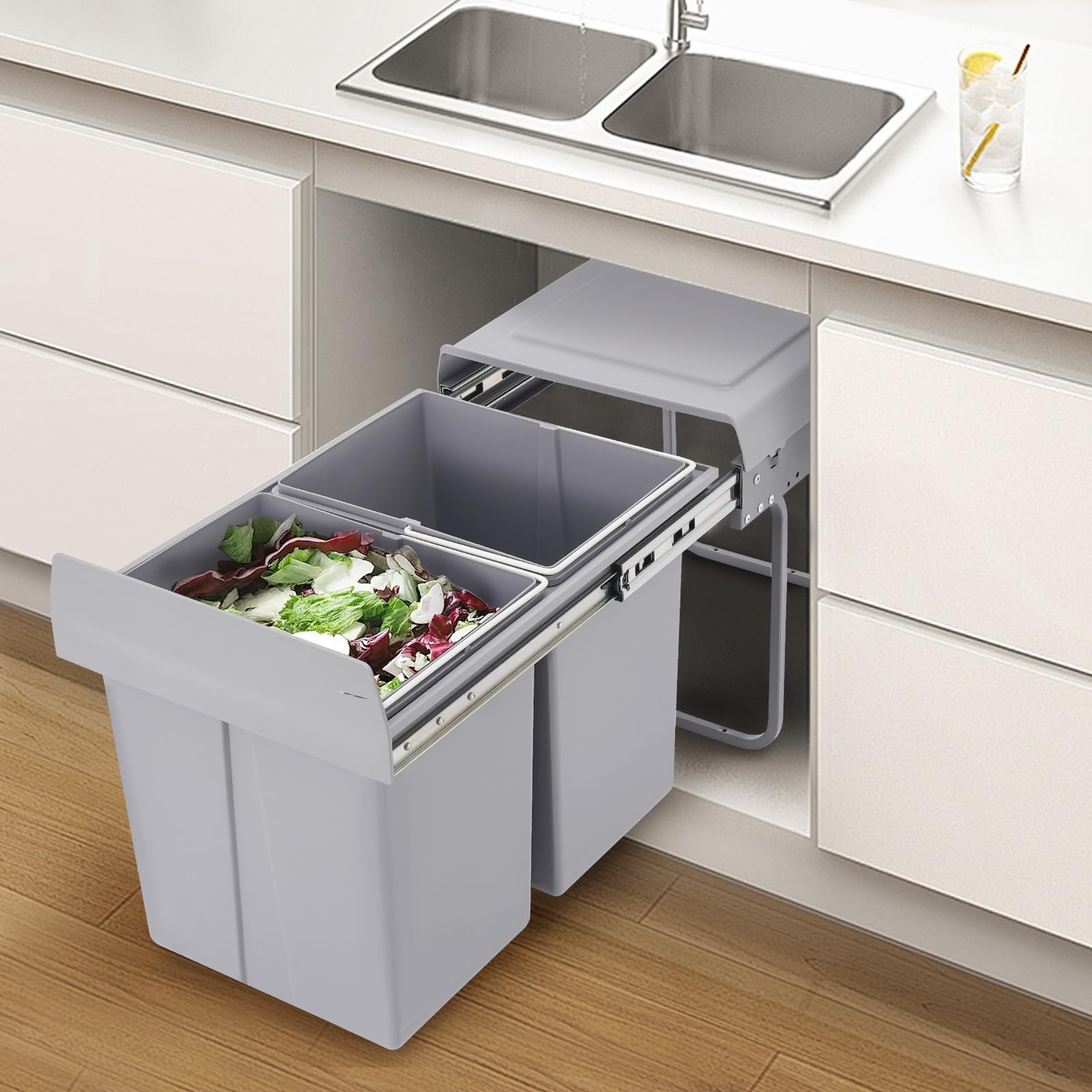 Cubo de basura de cocina (2 x 20 L, extensible) | Cubo de basura doble para armario con rieles silenciosos para cocina, restaurante, gris, 49 x 35 x 43 cm
