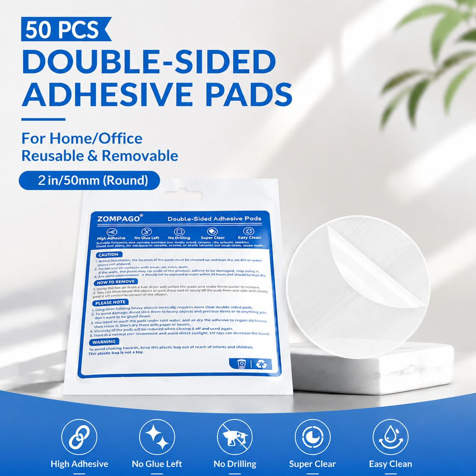 ZOMPAGO 50 cintas adhesivas de doble cara resistentes al agua, adhesivo fuerte, transparente, alta resistencia, residuos, barras de pegamento, libre de remoción para colgar, adhesivo impermeable para