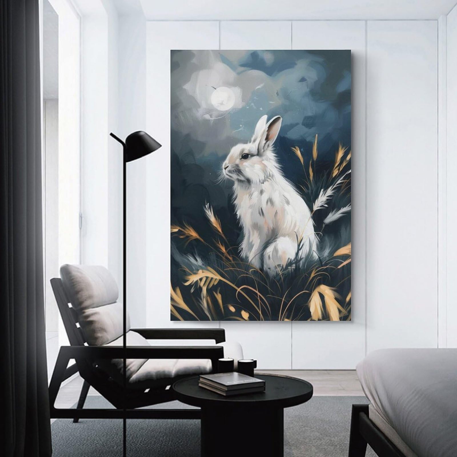 Junmoney Unframe-Style-18 White Rabbit Under Moonlight Canvas Wall Decor, 24X36inch(60X90cm), For Wall Displays, Bedrooms Or Room Updates, Wall Decor Suited To Curated Displays