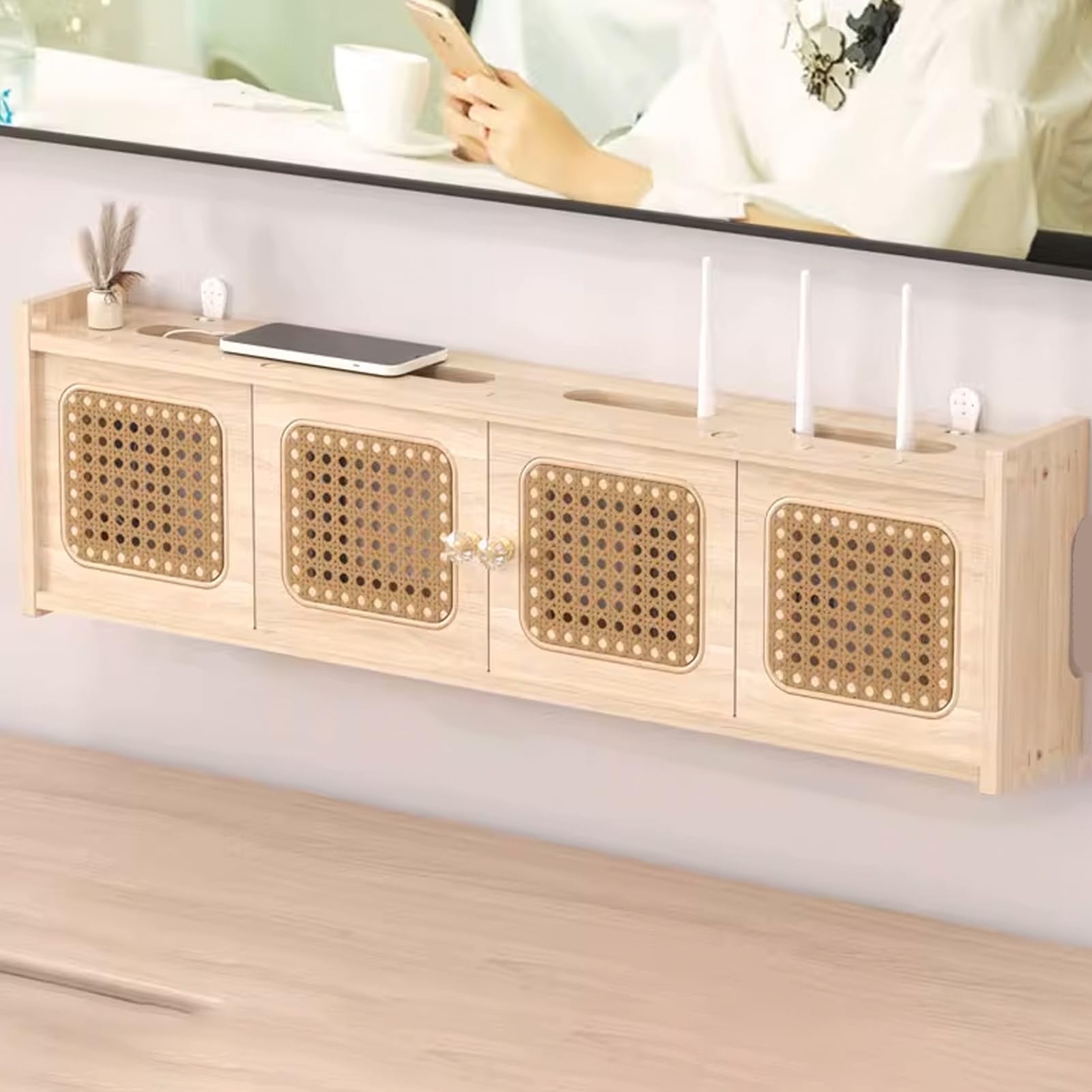 Boîtier de Rangement Mural en Bois for routeur WiFi, Cache-boîtier WiFi, Armoire for routeur, Rangement Invisible, Cache-Modem, for Bureau et Maison(Natural Wood Color,80cm/31.5in)