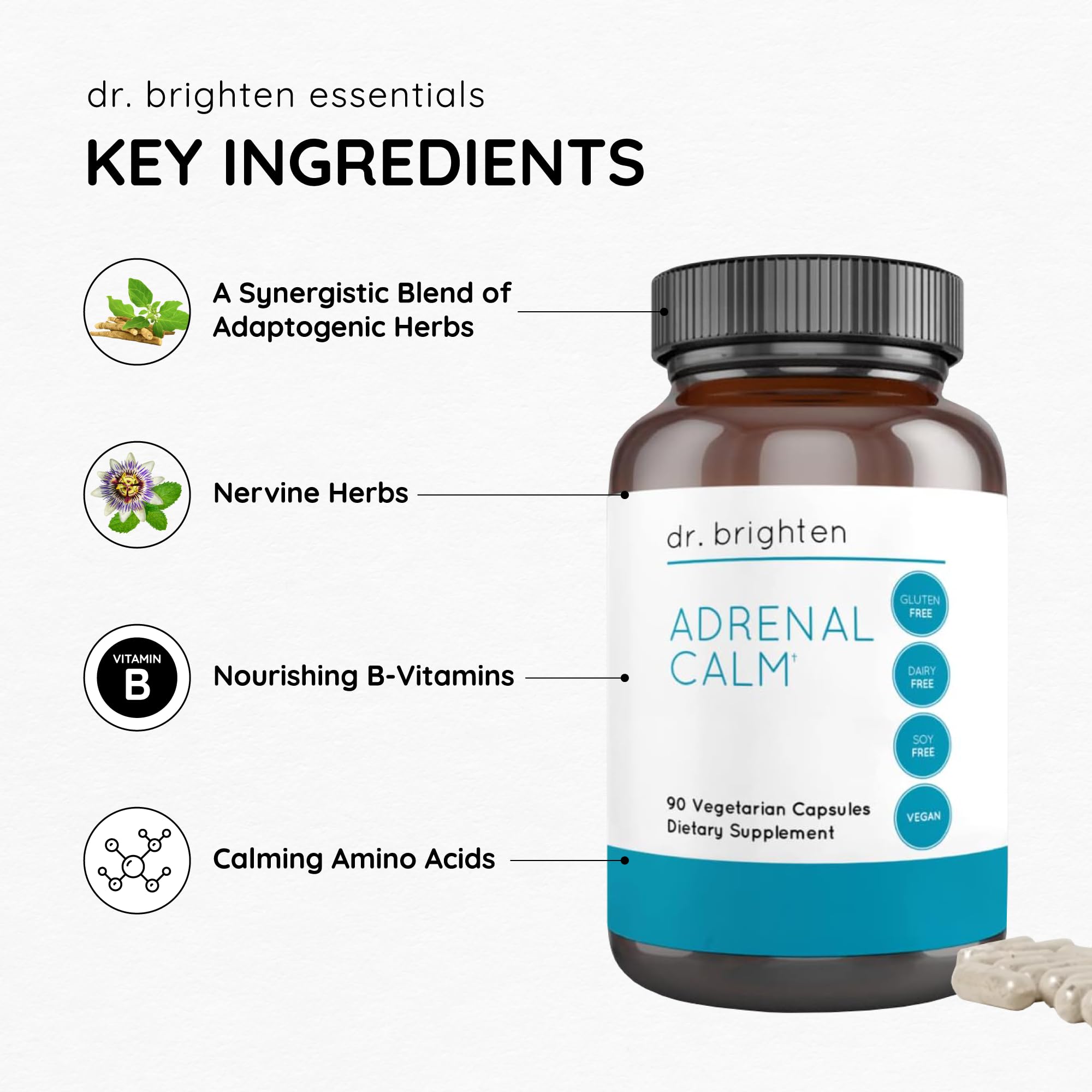 Dr. Brighten Adrenal Calm — Ashwagandha, B Vitamins, Lemon Balm and Amino Acids for Stress Relief, Better Sleep and Balanced Cortisol, Non-GMO — 90 Capsules — Amazon image 4