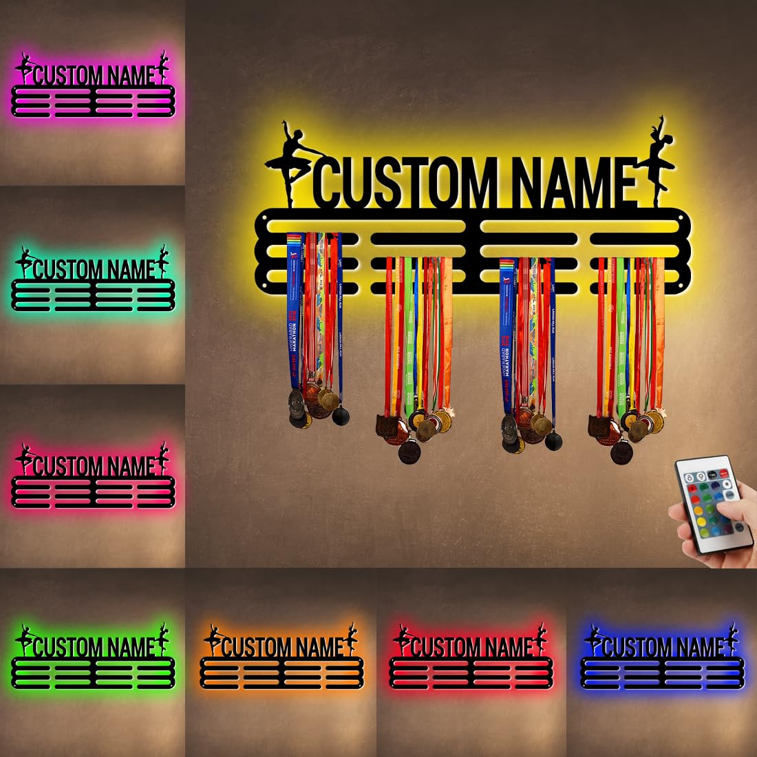 Personalized Metal Dance Ballet Medal Hanger Holder Display Rack for Awards Ribbons With LED Light- Custom dancing Medal Holder for Wall,Dance Medal Hanger Display Award Rack With Boy Girl Kid's Name