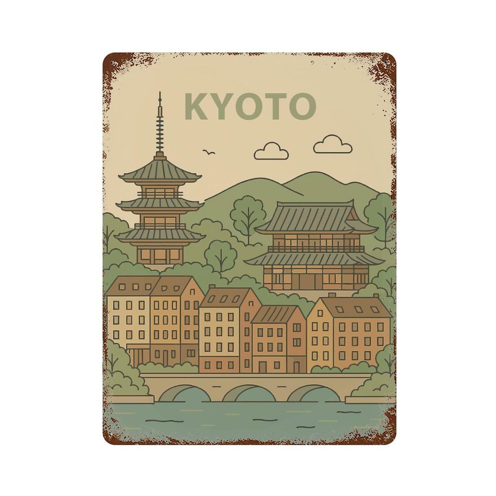Kyoto Vintage Illustration 15.7"x11.8" Aged Metal Wall Plaque, Retro Wall Decor for Farmhouse, Kitchen And Entryway Decor