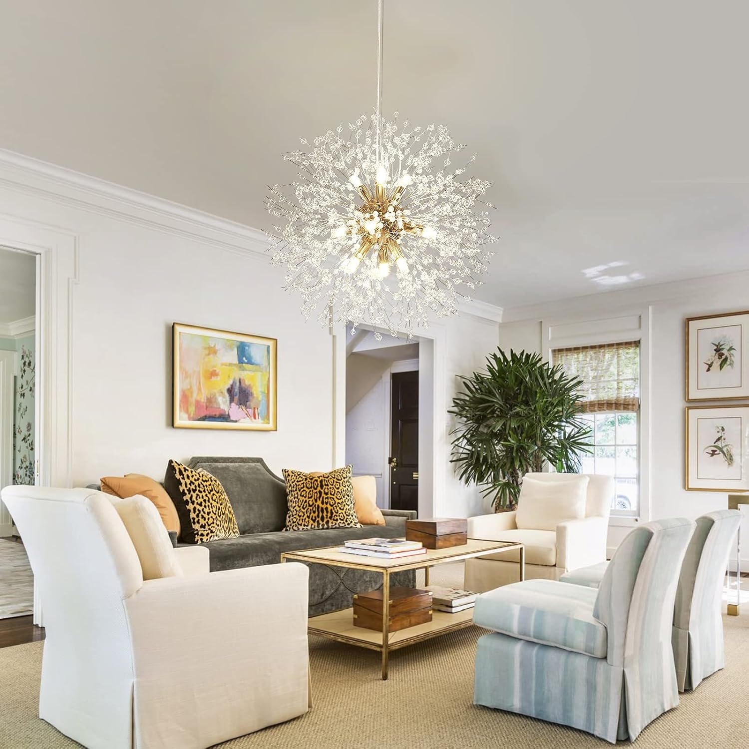 Lingkai 19.9" Gold Modern Crystal Chandeliers Firework, Bubble Chandelier Lighting for Bathroom Dining Room Bedroom Kitchen Island Living Room Light Fixture, 9-Light Gold Hanging Round Chandalier