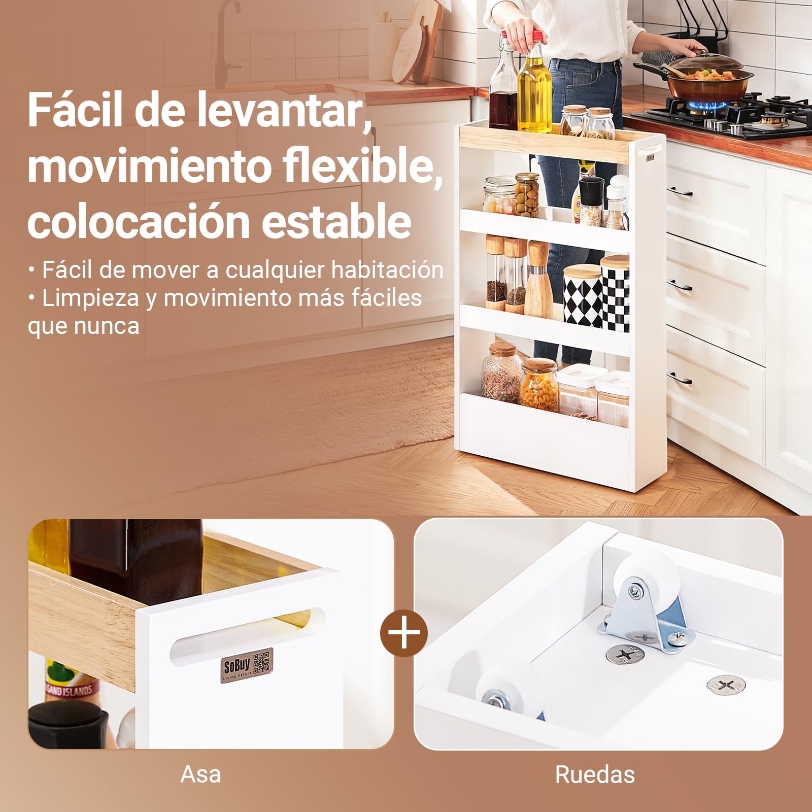 SoBuy Carrito Auxiliar con Ruedas 15cm, 3 Niveles, 80x50x15cm, Cocina/baño | Carrito de Cocina Estrecho con barras de madera anticaída, asa & 3 niveles, fácil de mover, para espacios estrechos, NSR12-W