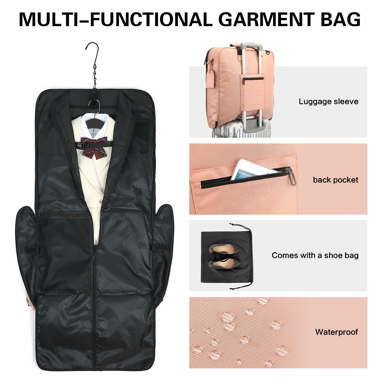Sac à Costumes pour Femmes Housse à Vêtements de Voyage Hanging Garment Bag avec Sangles et Compartiment pour Ordinateur Portable de 15,6 Pouces, Idéal pour Les Voyages d'affaires, Rose
