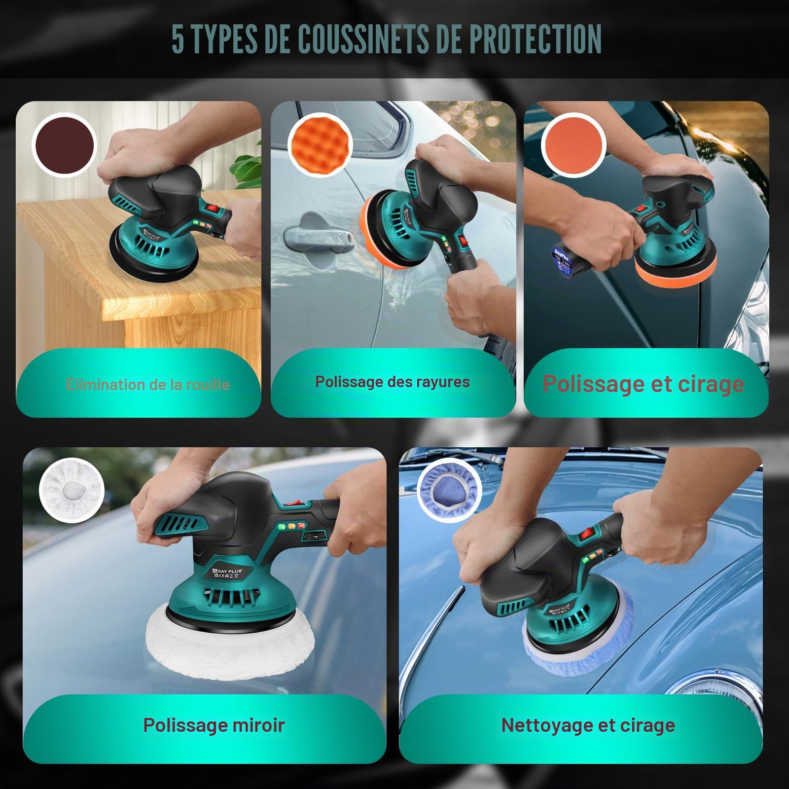Polisseuse pour voiture à batterie, ensemble de polissage pour voiture à 6 vitesses variables 2800-5500 tr/min, 24 pièces d'embouts, 2 x batterie 12V 2,0 Ah - Polisseuse pour voiture pour l'entretien