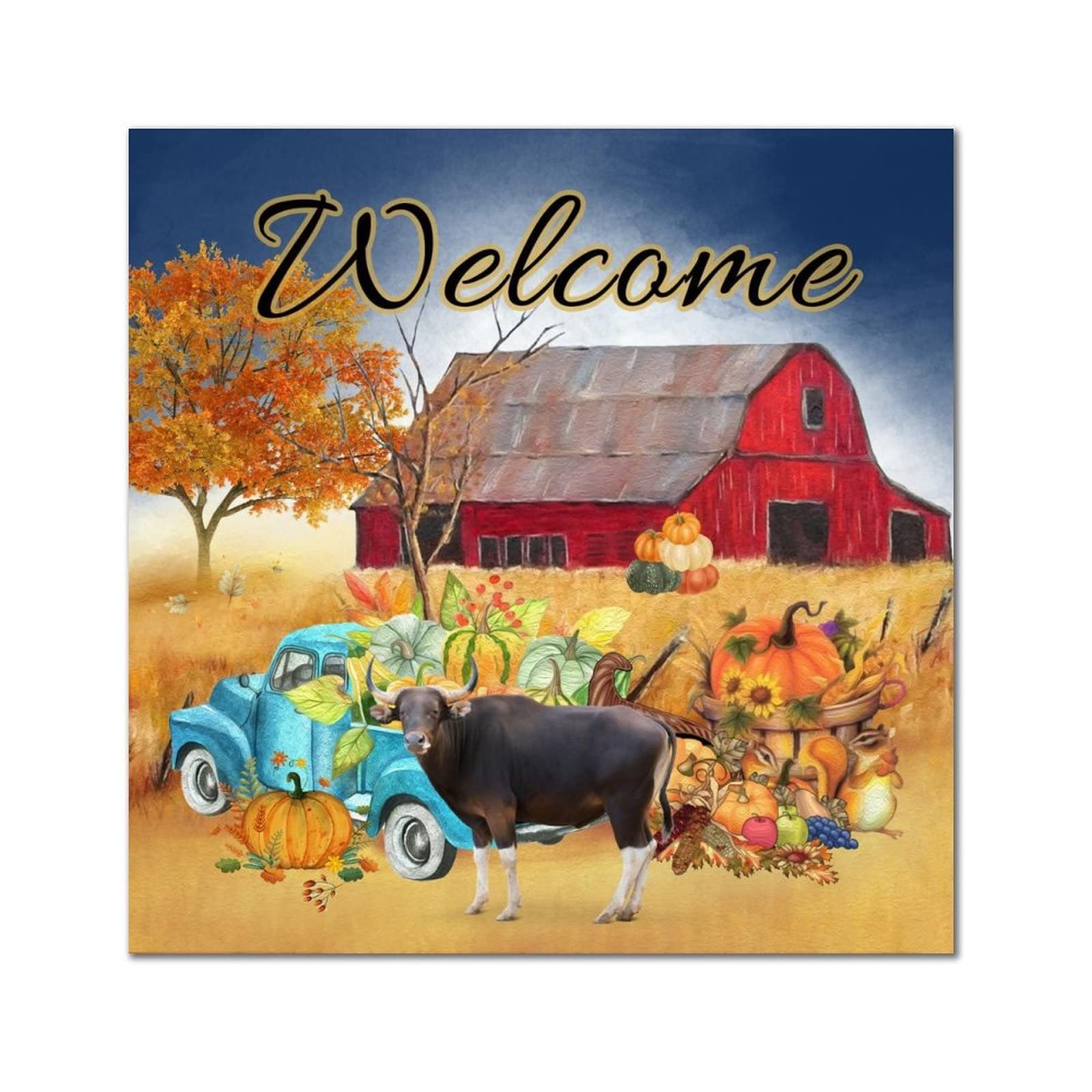 Panneau en bois Welcome Farm de 35,6 cm avec vache et citrouille bleue