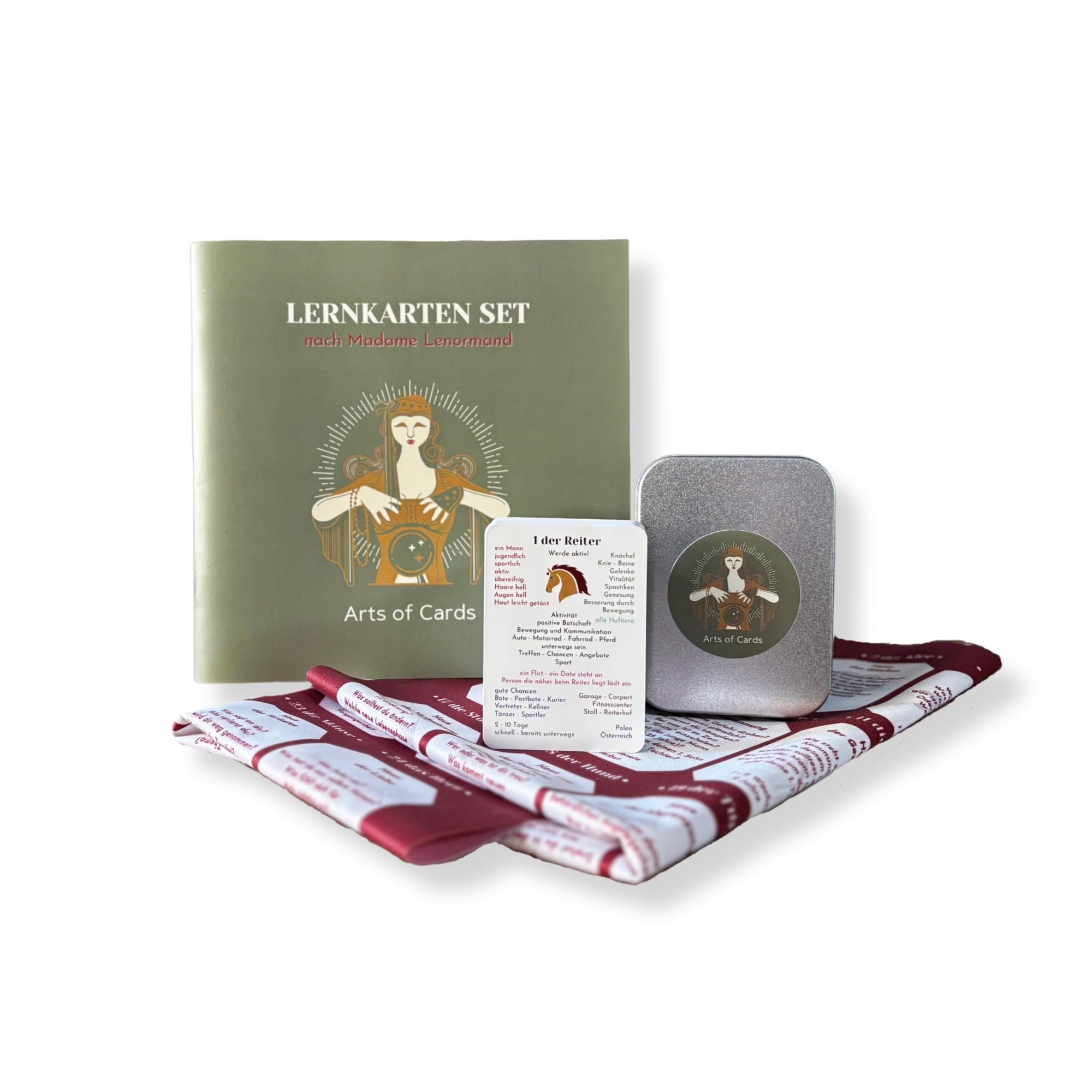Lenormand Lernkartenset 8x4 für Anfänger und Fortgeschrittene | 8x4+4 Karten, Grand Tableau Lenormanddeck, Legeschablone als Tuch, Booklet inklusive, Einfach Kartenlegen lernen