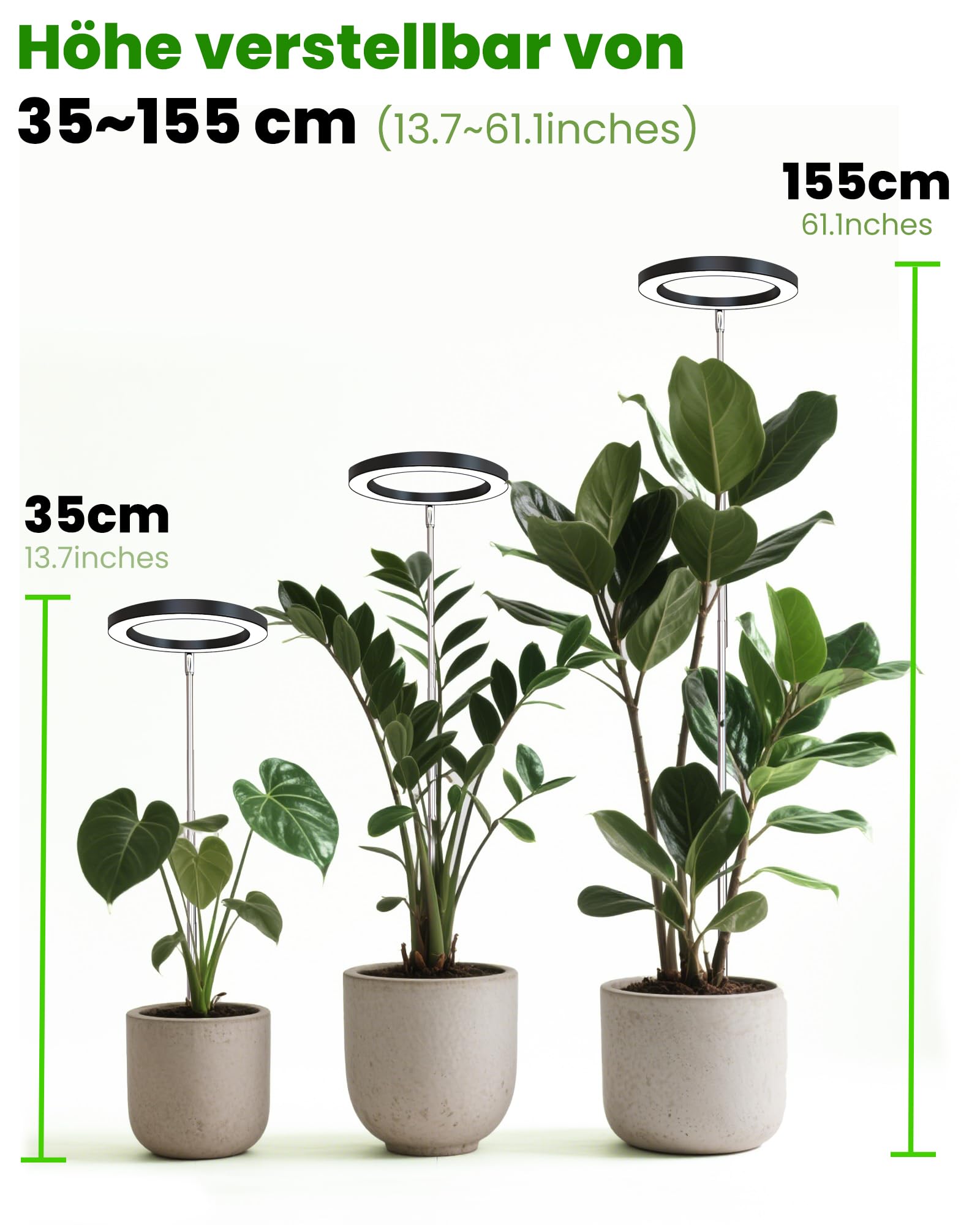 Wachstumslampe für Zimmerpflanzen LED Grow Light Full Spectrum,35~155cm Wachstumslampe höhenverstellbar,8/12/16Stunden Timer,10 Helligkeitsstufen,4 Meter Stromkabel,5V Adapter,Schwarz,2PCS
