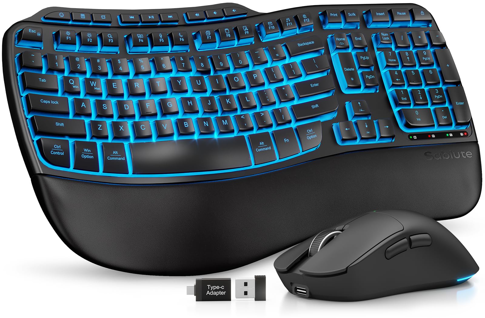 Ergonomic Wireless Keyboard and Mouse Combo, Rechargeable 4000mAh Backlit Keyboard with a Soft, Faux Lambskin Palm Rest, Wave Keys for Natural Typing, Compatible with Windows/Mac/Chromes OS—SABLUTE