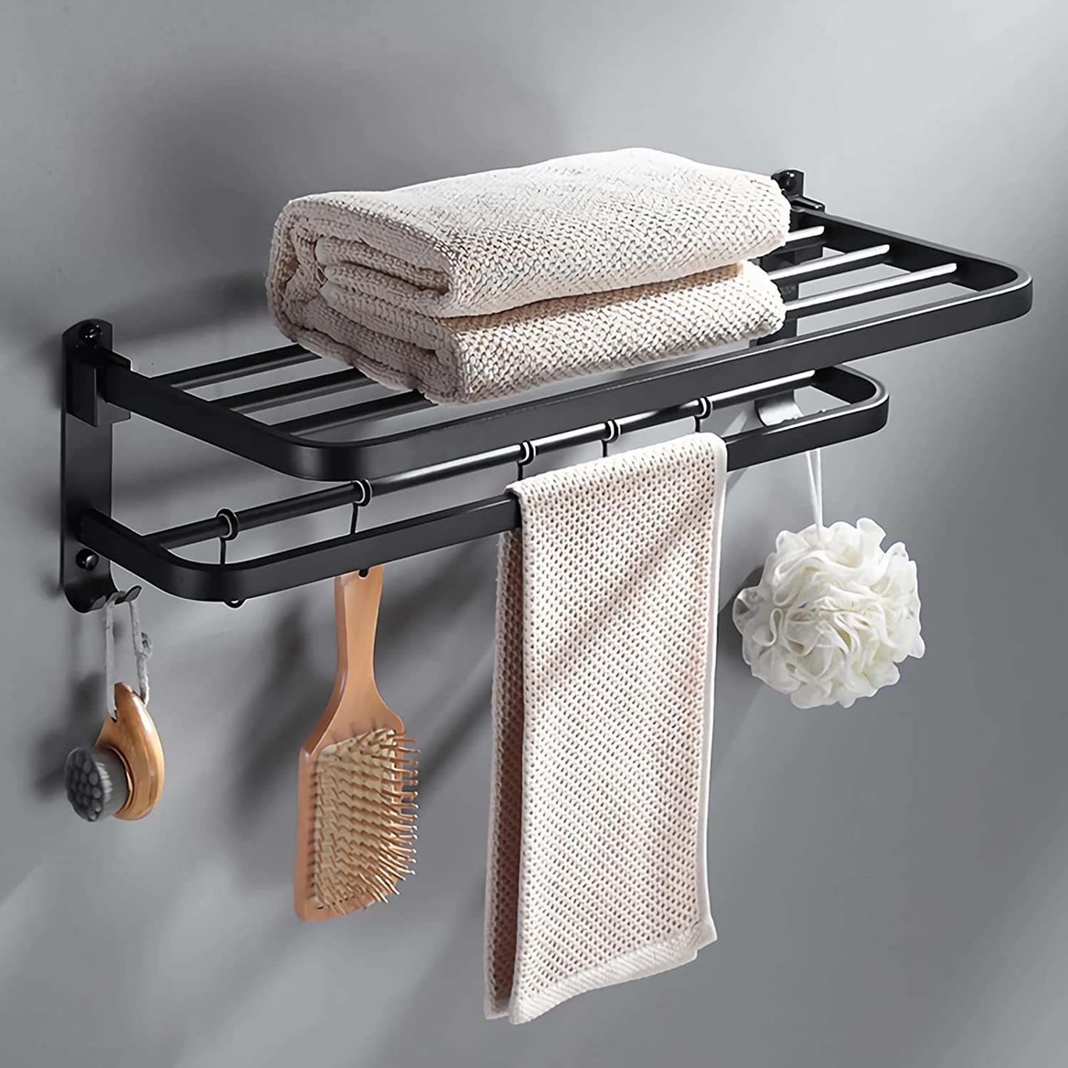 Firelex Towel Rack with Towel Bar - 23 Inch Bathroom Towel Rack Holder - Stainless Steel Foldable Towel Shelves with Movable Hooks Black Wall Mount Towel Storage Rack