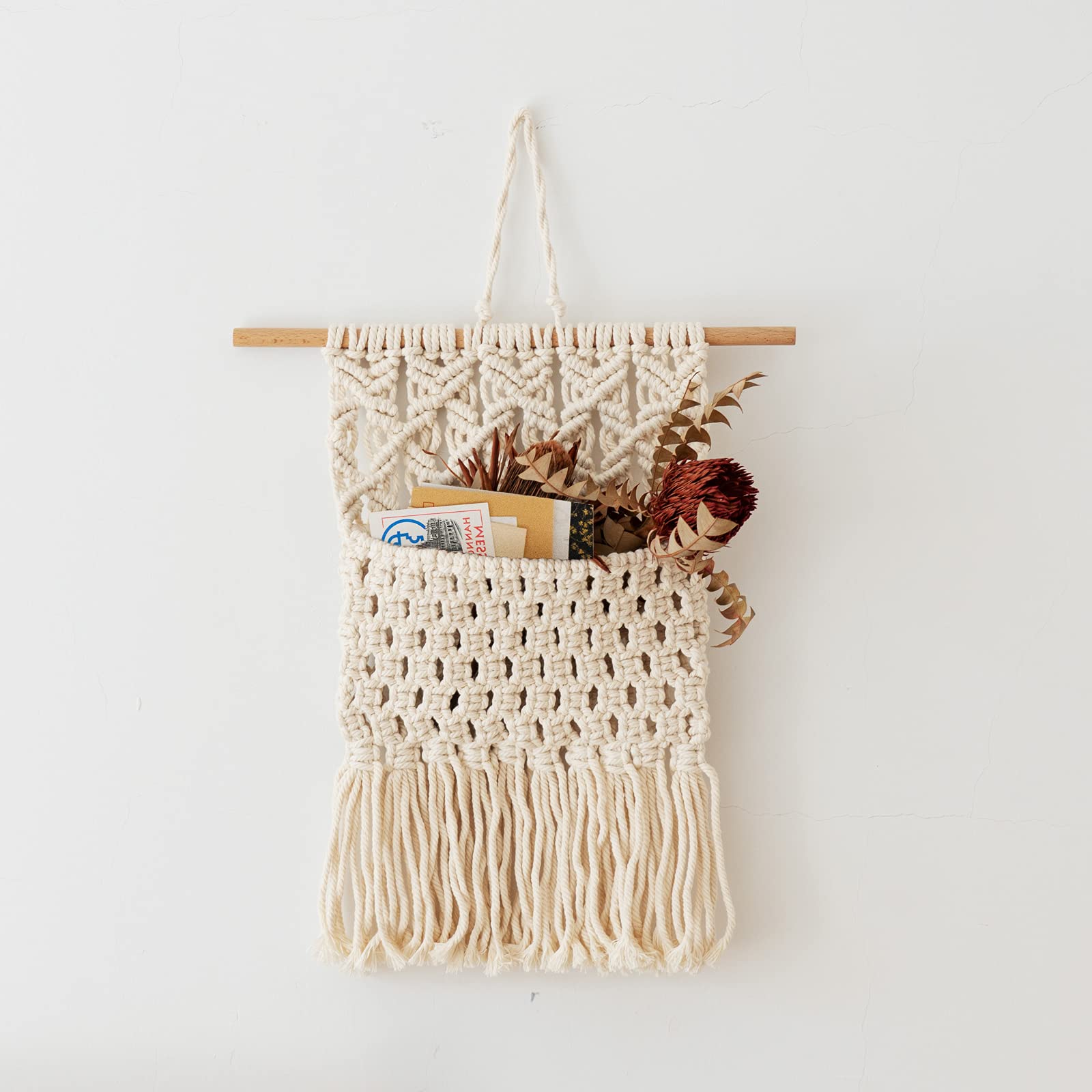 TIMEYARD Macrame Hanging Plant Basket Magazine Holder Organizer for Mail Postcard Flowers Bohemian Wall Decor for Entryway Indoor Living Room Bedroom