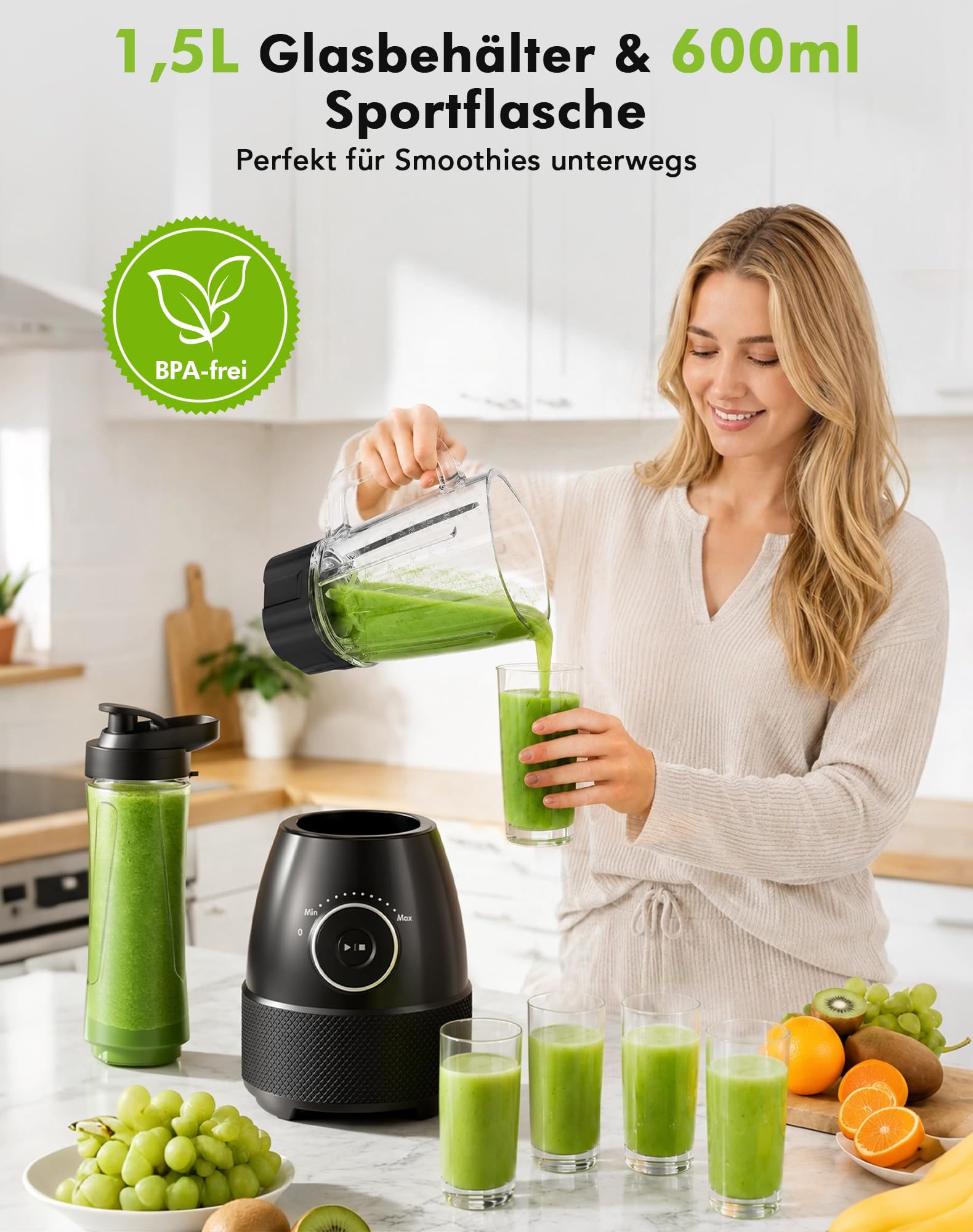 Mixer, Smoothie Maker, Standmixer, 1500 Watt Hochgeschwindigkeits Mixer Smoothie Maker mit 1,5L Glasbehälter, 600ml Flaschen BPA frei Tritan, einstellbare Geschwindigkeit für Smoothies, Mixen