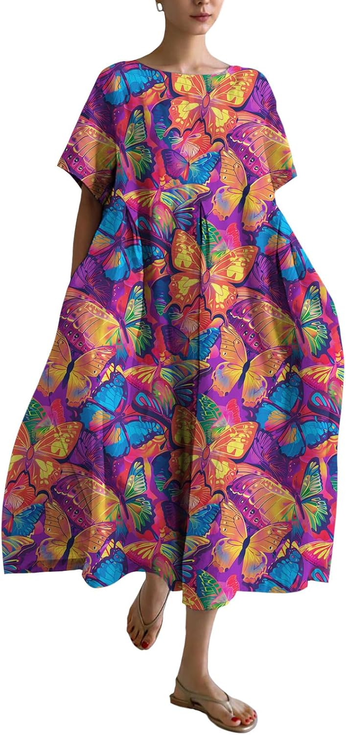 Summer Maxi Dresses Women Short Sleeve Novelty Butterfly Casual Boho Midi Dress Loose Plus Size Beach Vacation