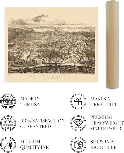 Miniatura 4 de HISTORIX Póster de mapa vintage de Filadelfia Pensilvania de 1857  Mapa vintage de Filadelfia de 24 x 30 pulgadas  Vista de pájaro de Filadelfia PA