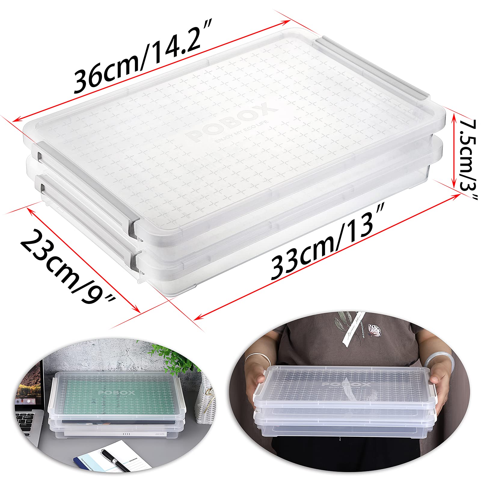 BTSKY 2 Pack A4 Plus Clear Plastic Stackable Storage Box Desk Paper Magazine Container with Buckle Office Supplies — view 5