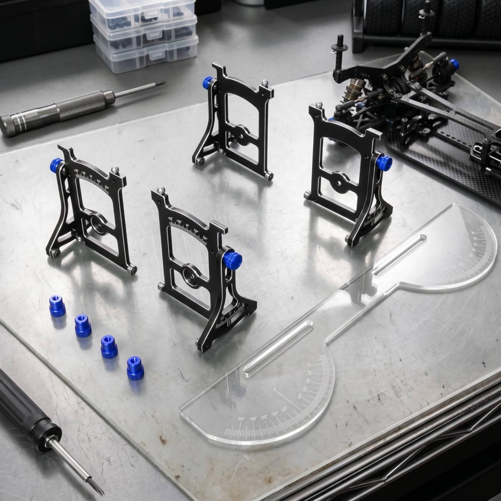 harayaa Calibratore Veicoli in 1/10 Strumento Telaio RC Misuratore Angoli Ruota con Piastra Trasparente Supporti Metallici Regolazioni Rapide Adatto a, Blu, Set Completo