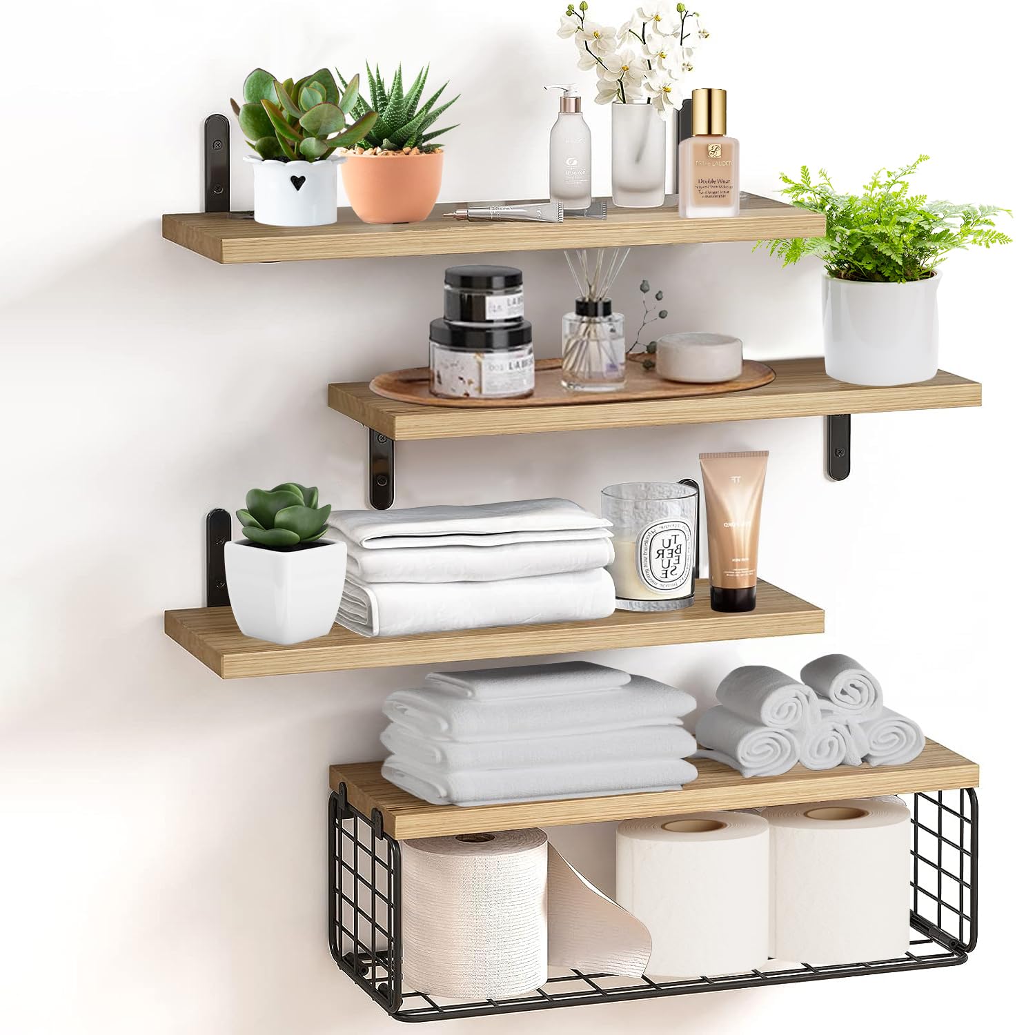 LENND 4+1 Tier Floating Shelves, Rustic Wood Wall Shelf, Bathroom Shelves Over Toilet with Wire Storage Basket, Farmhouse Wall Decor for Bedroom, Kitchen, Living Room and Plants (Rustic Brown), MJ987