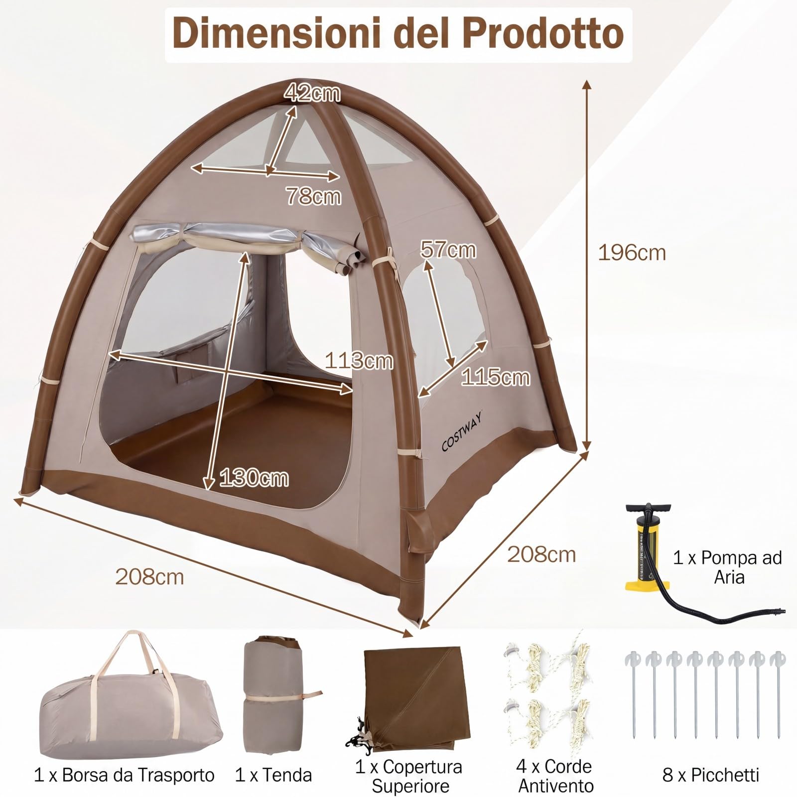 COSTWAY Tenda da Campeggio Gonfiabile per 4 Persone, Tenda da Spiaggia con Poma, 2 Porte, Lucernario e Finestre, in Tessuto Impermeabile, con Copertura Rimovibile e Borsa, 208 x 208 x 196 cm