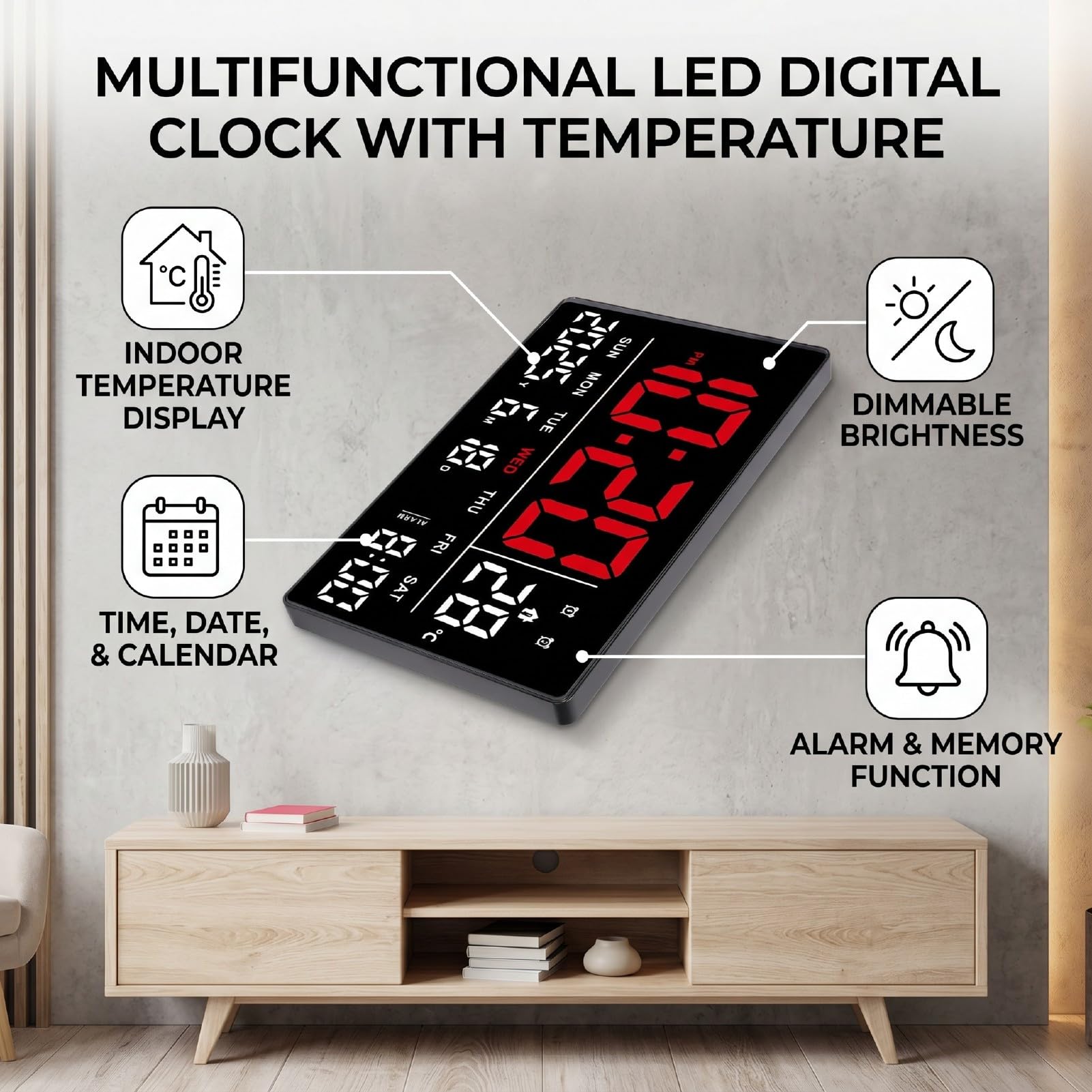 Brrnoo Orologio da Parete Digitale LED, Sveglia con Display Rosso Bianco Ora Data Temperatura Calendario Luminosità Regolabile for Casa Ufficio Scrivania