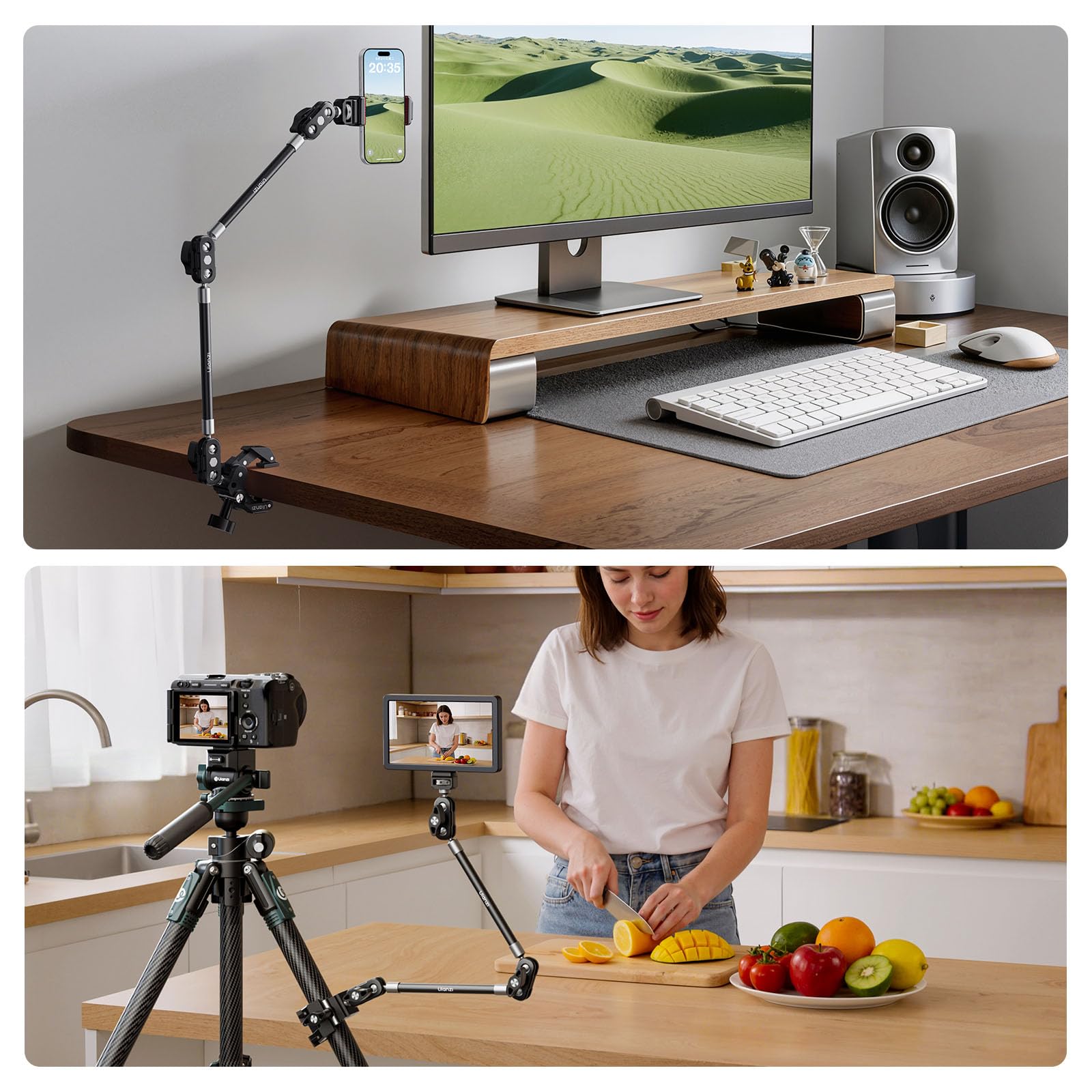 ULANZI C078 Magic Arm mit Klemme, Overhead Stativ mit 360°-Kugelkopf, Klemmstativ mit Handyhalterung, 1/4"- und ARRI-Positionierstifte, kompatibel mit iPhone, Licht, Webcam, Max. Belastung 1kg