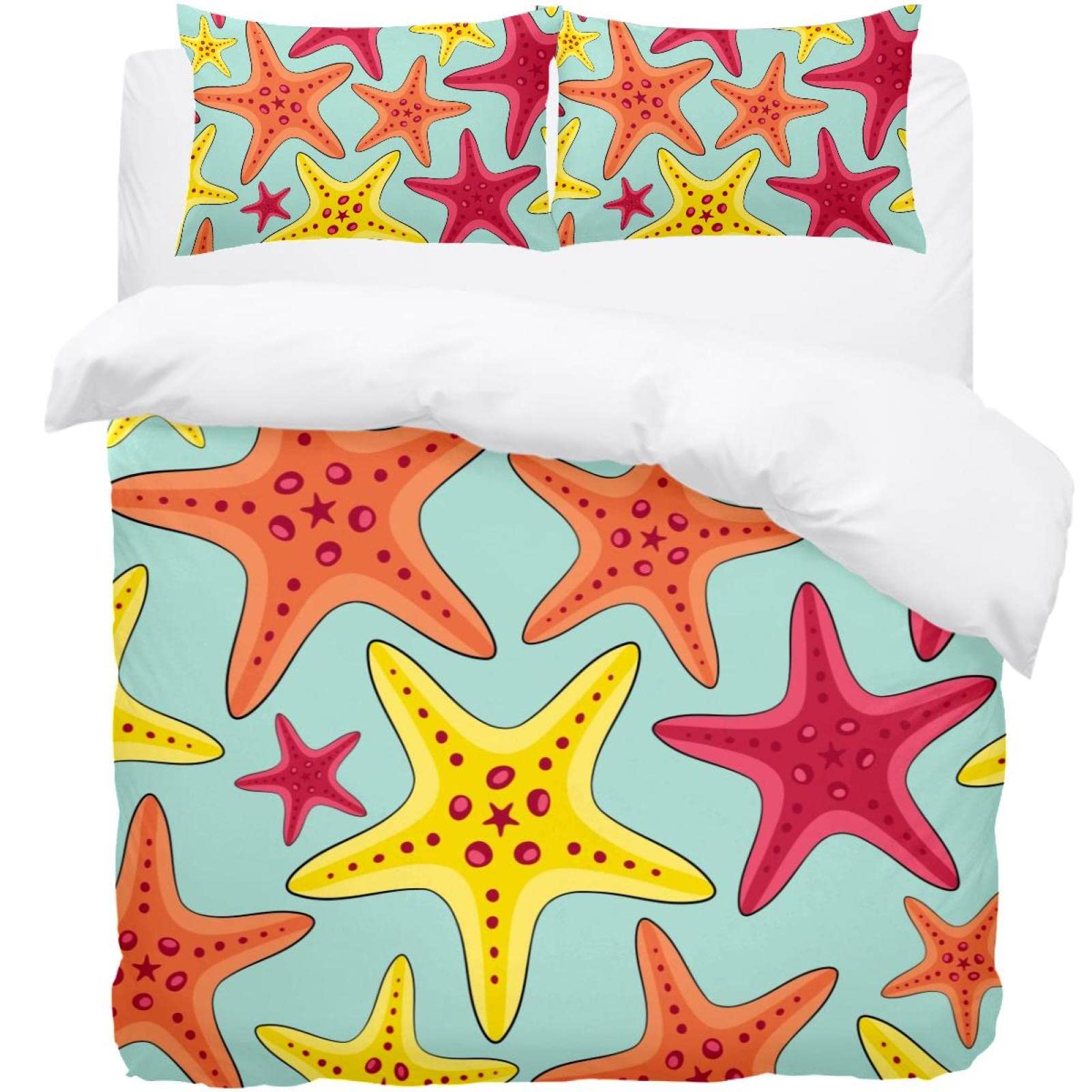 Housse de couette rose jaune motif vie marine et parure de lit simple 3 pièces