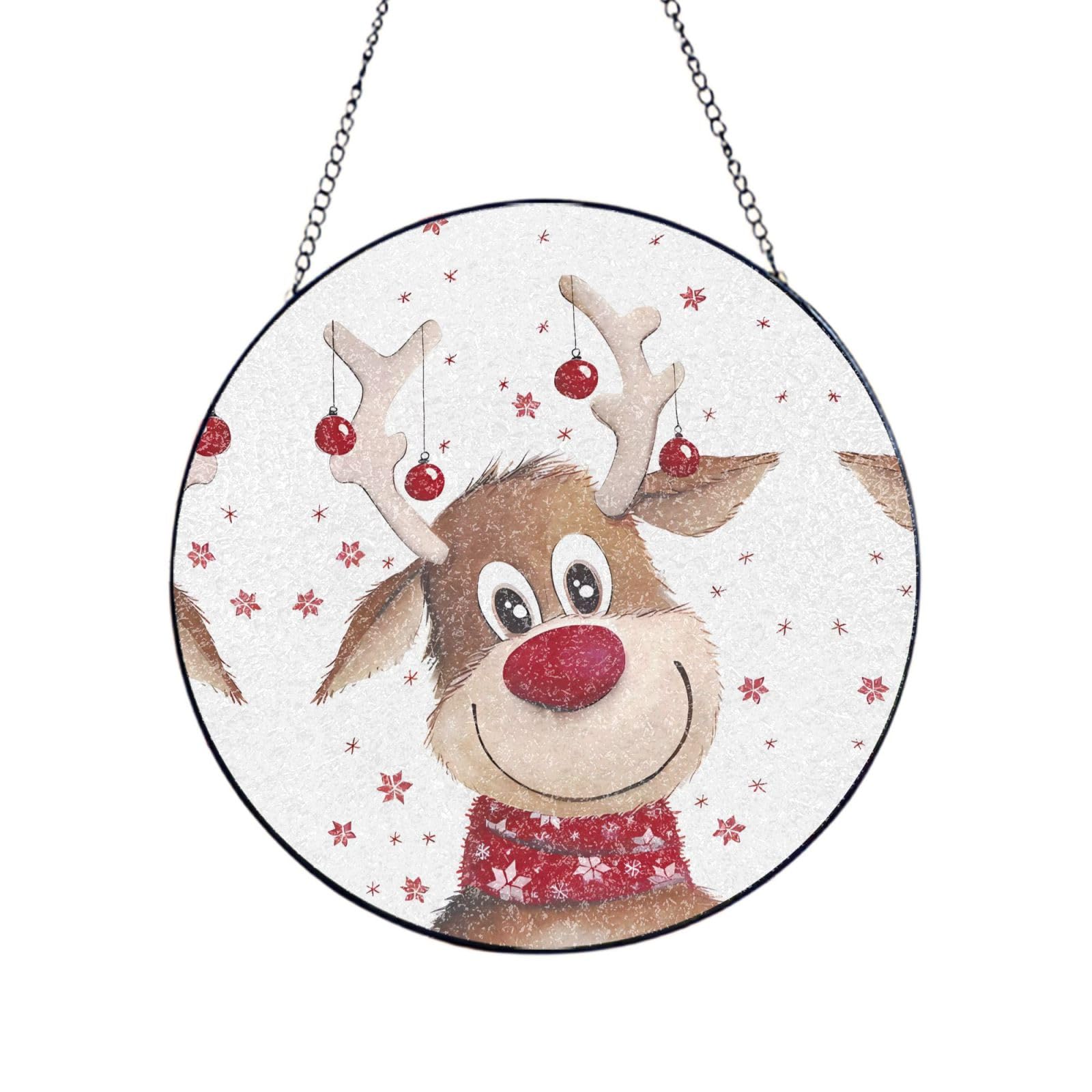Phayah Cute Xmas Reindeer Print Glass Window Hanging Round Suncatcher Glass Ornament Garden Wall Fence Decorations Indoor Outdoor 4in（10cm）