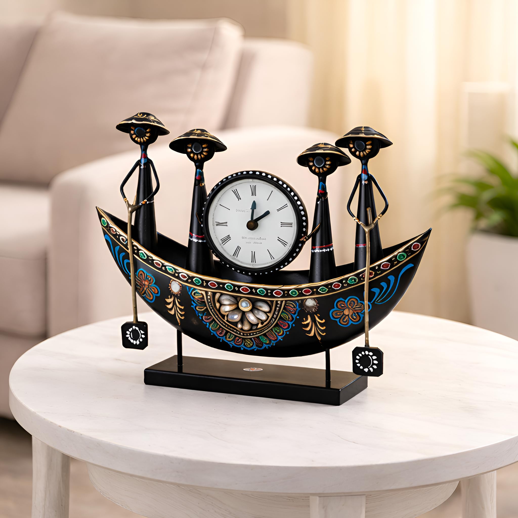 Vintage Aesthetic Metallic Black Ship Table Clock Showpiece for Decoration | Modern Home Decor for Bedroom, Living Room, Office Desk, Study Table, Wedding, Anniversary & Corporate Gifts