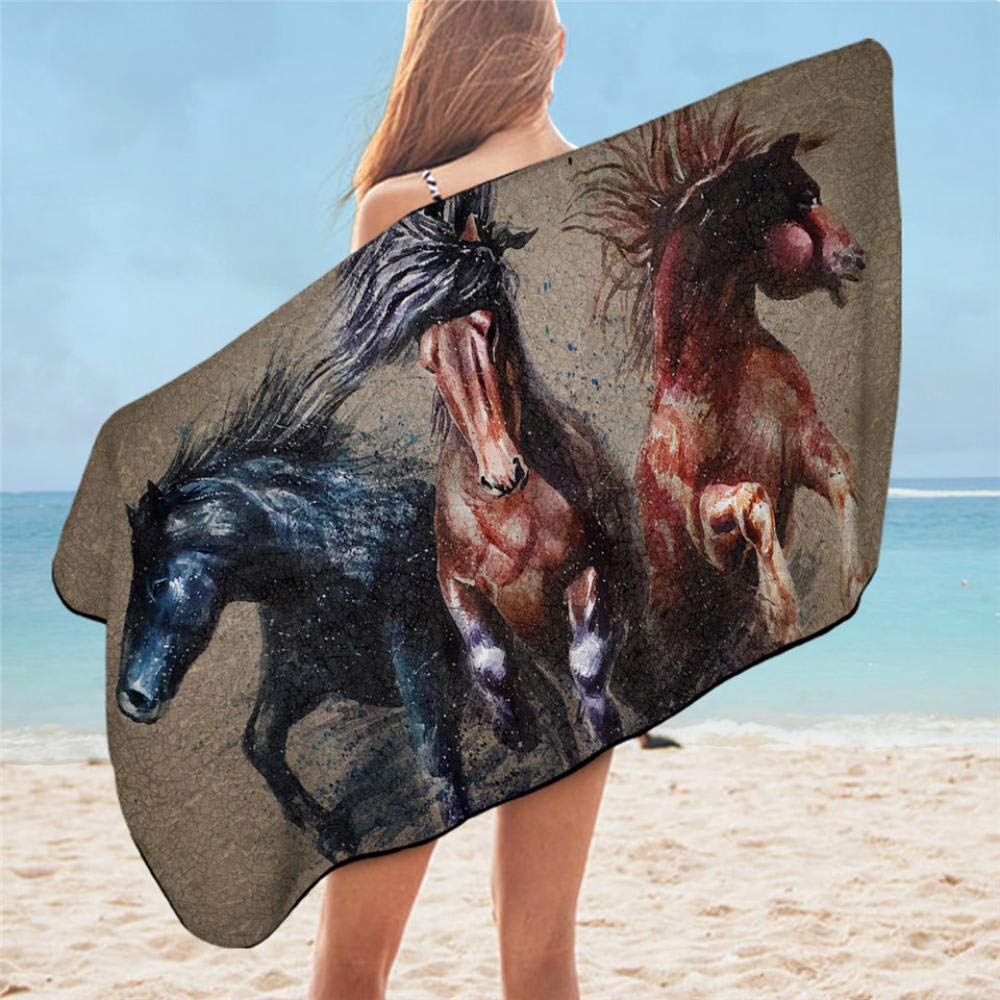 Lsjuee Large Travel Towel, Horses Bathroom Towel 3D Galloping Wild Horse Microfiber Beach Towel Dusty Lightning Photography Towel Style