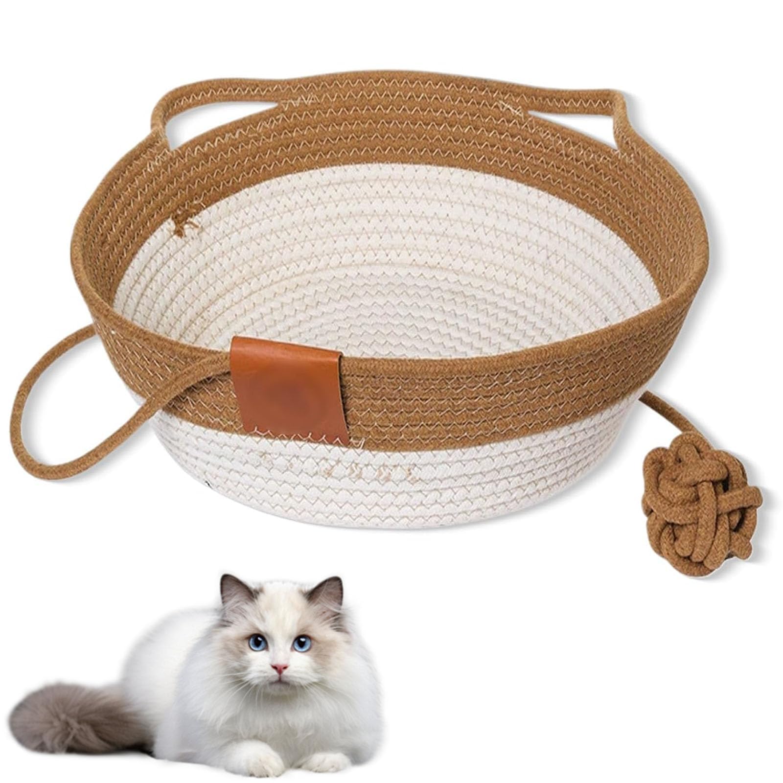 Cutypet Cat Basket Cute Pet Bed for Indoor Cats Couch with Toy Tail and Built-in Washable Scratching Pad Handwoven Natural Rattan 𝖢𝖺𝗍 Sleeping House for Small & Large 𝖢𝖺𝗍& Dog (Khaki,M)