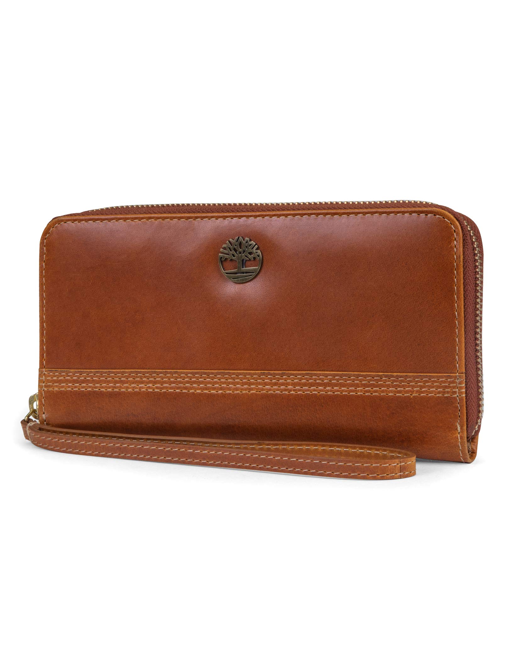 Timberland Women's Leather RFID Zip Around Wallet Clutch with Wristlet Strap, Cognac (Buff Apache), One Size