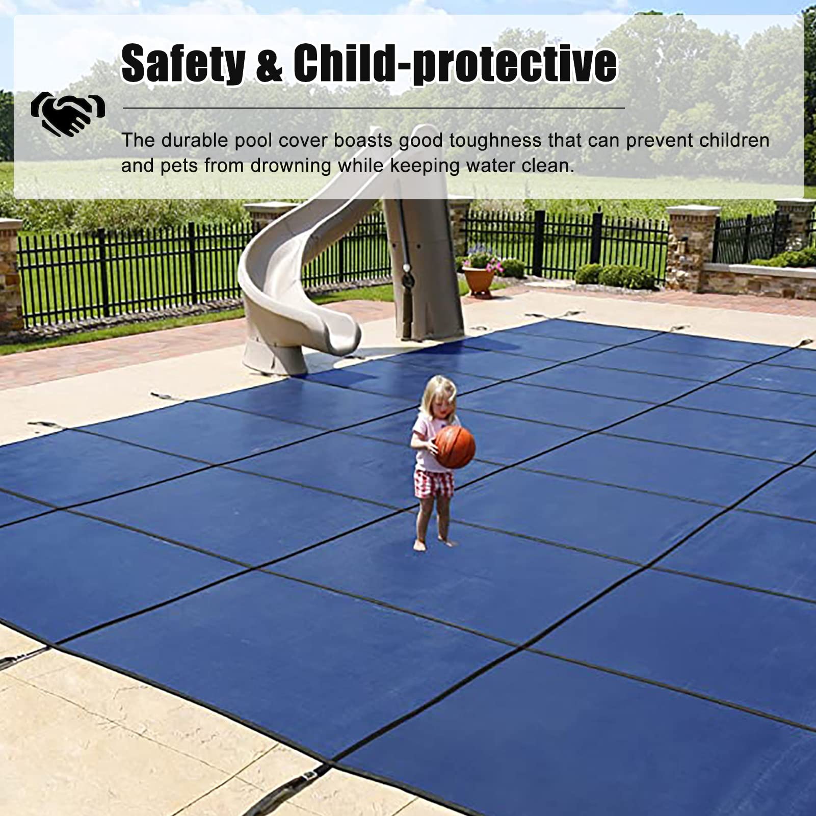 Cobertor Solar para Piscinas Cubierta de seguridad para piscina enterrada/sobre el suelo, cubierta de red de hoja de piscina a prueba de lluvia a prueba de polvo azul invierno con instalación del har
