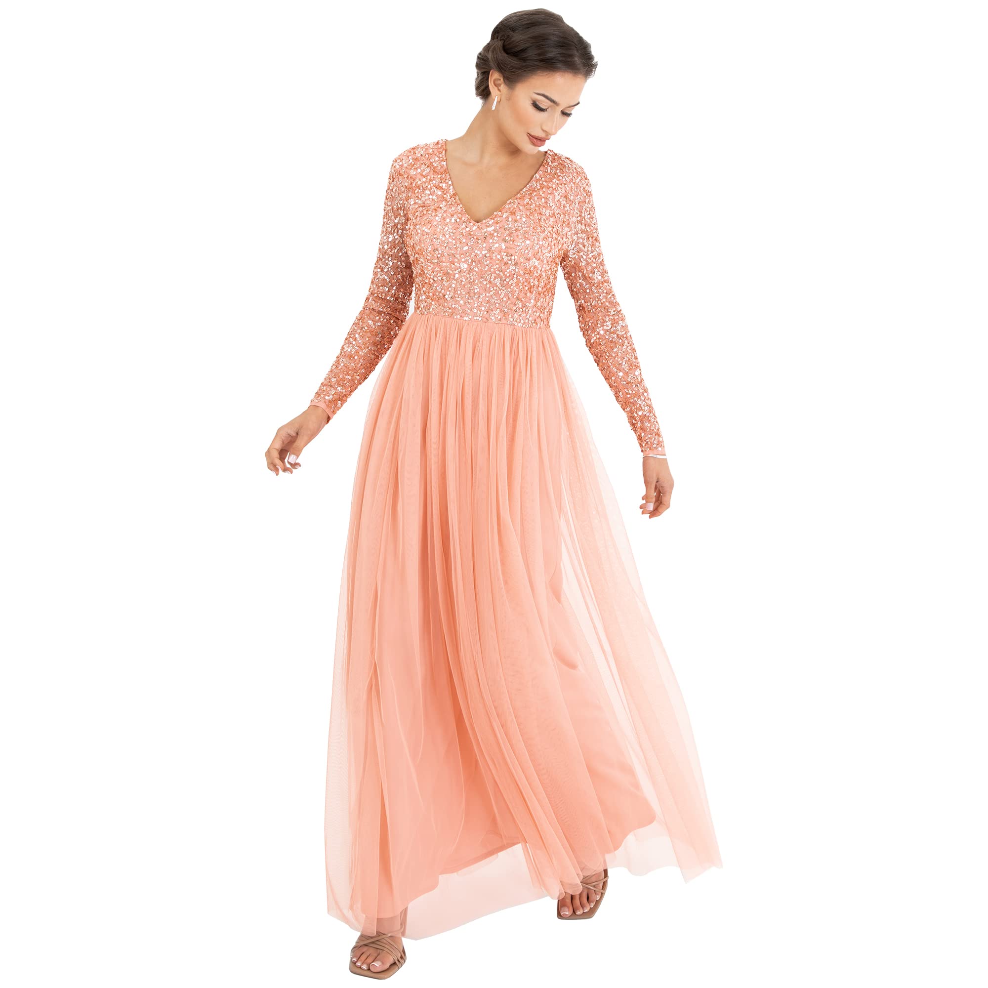 Womens Ladies Dress Sleeve for Wedding Guest V Neck High Empire Waist Maxi Long Length Evening Bridesmaid Prom