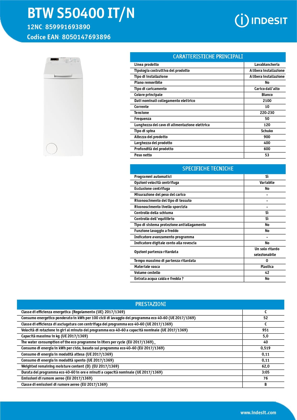 Indesit BTW S50400 IT/N, Lavatrice carica dall’alto 5 kg Libera Installazione, Centrifuga 1000 Giri Al Minuto, Larghezza 40 cm, Profondità 60 cm, Altezza 90 cm, Classe Energetica C