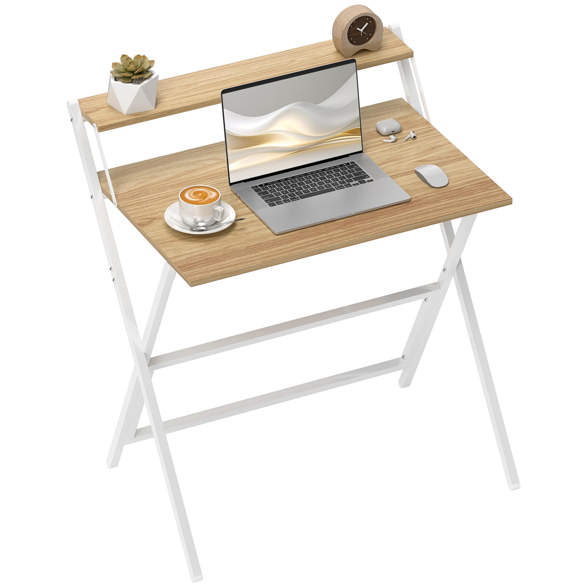 HOMCOM Small Folding Desk - 81.5 cm Foldable Computer Desk with Monitor Shelf - Natural
