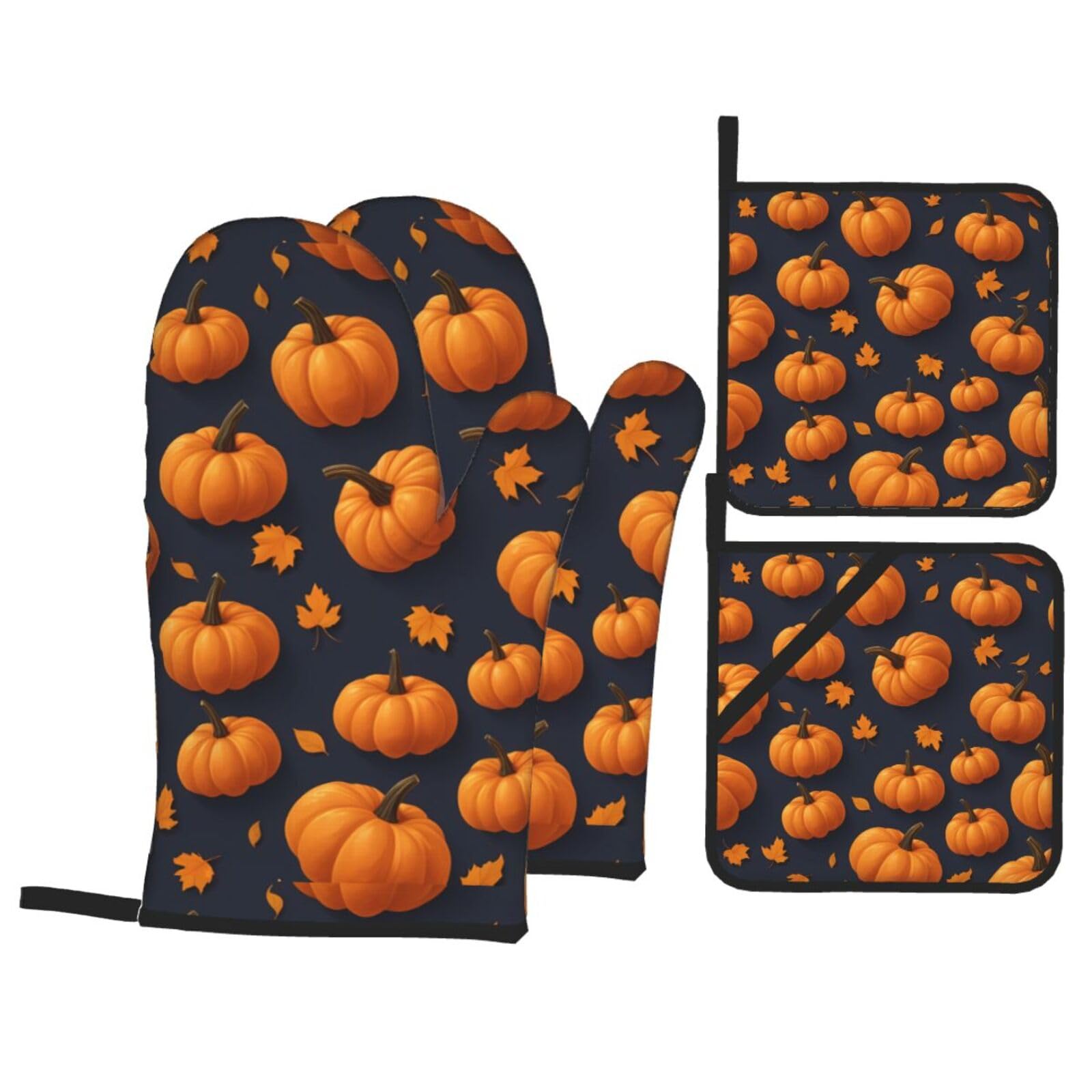 HJFCZH Pumpkin Array Picture Kitchen Baking Set of 4 Thick Insulated Oven Mitt & Pot Holders, Anti-Scalding for Microwave, Oven, Outdoor BBQ