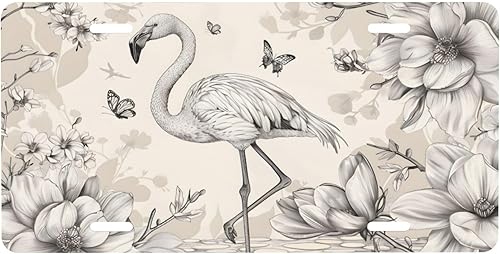 Vintage Flamingo Butterflies Front License Plate Car Decor Accessory Aluminum Metal Decorative Car Plate Funny Novelty Vanity Tag with 4 Holes for