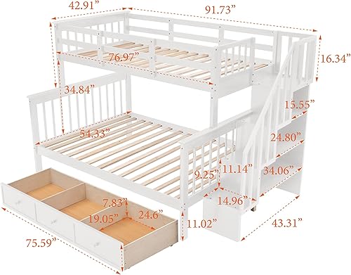 Miniatura 185 de Merax Litera de escalera individual sobre matrimonial con nido, escalera de almacenamiento y barandilla de longitud completa, litera de